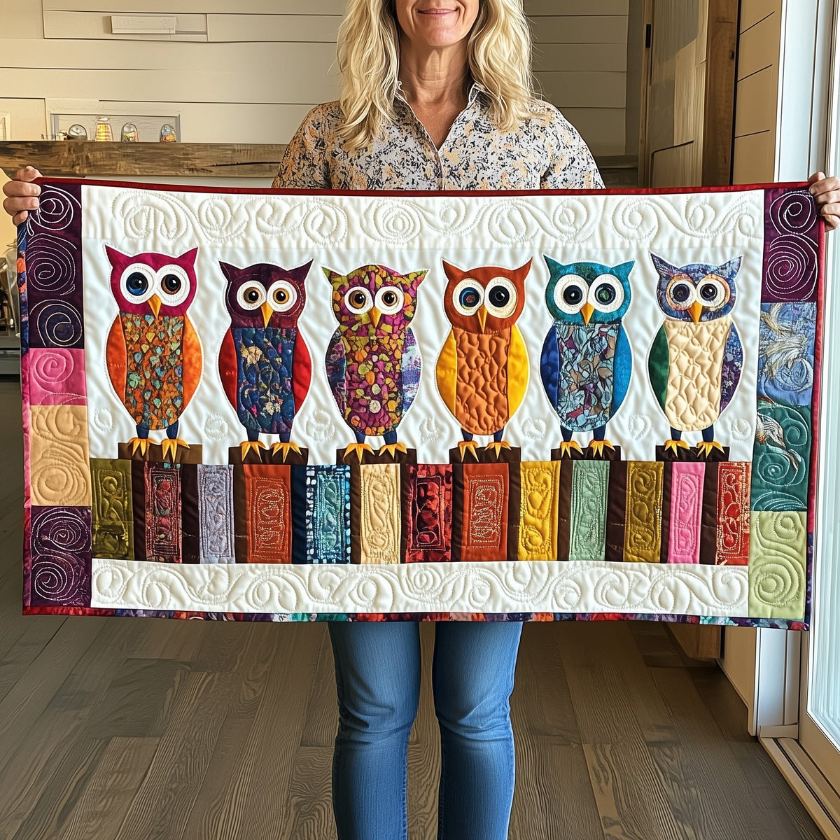 Six Owls Above Pastel Books Table Runner