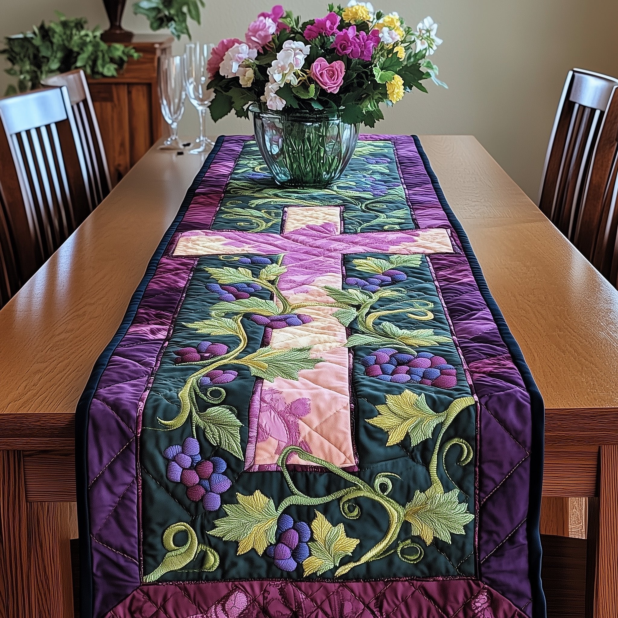 Pink Cross with Grapevine on Navy Table Runner