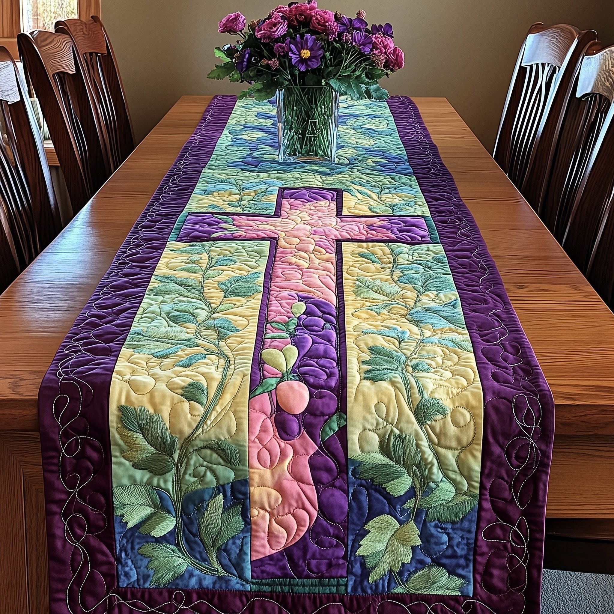 Cross with Green Vines and Fruit Table Runner