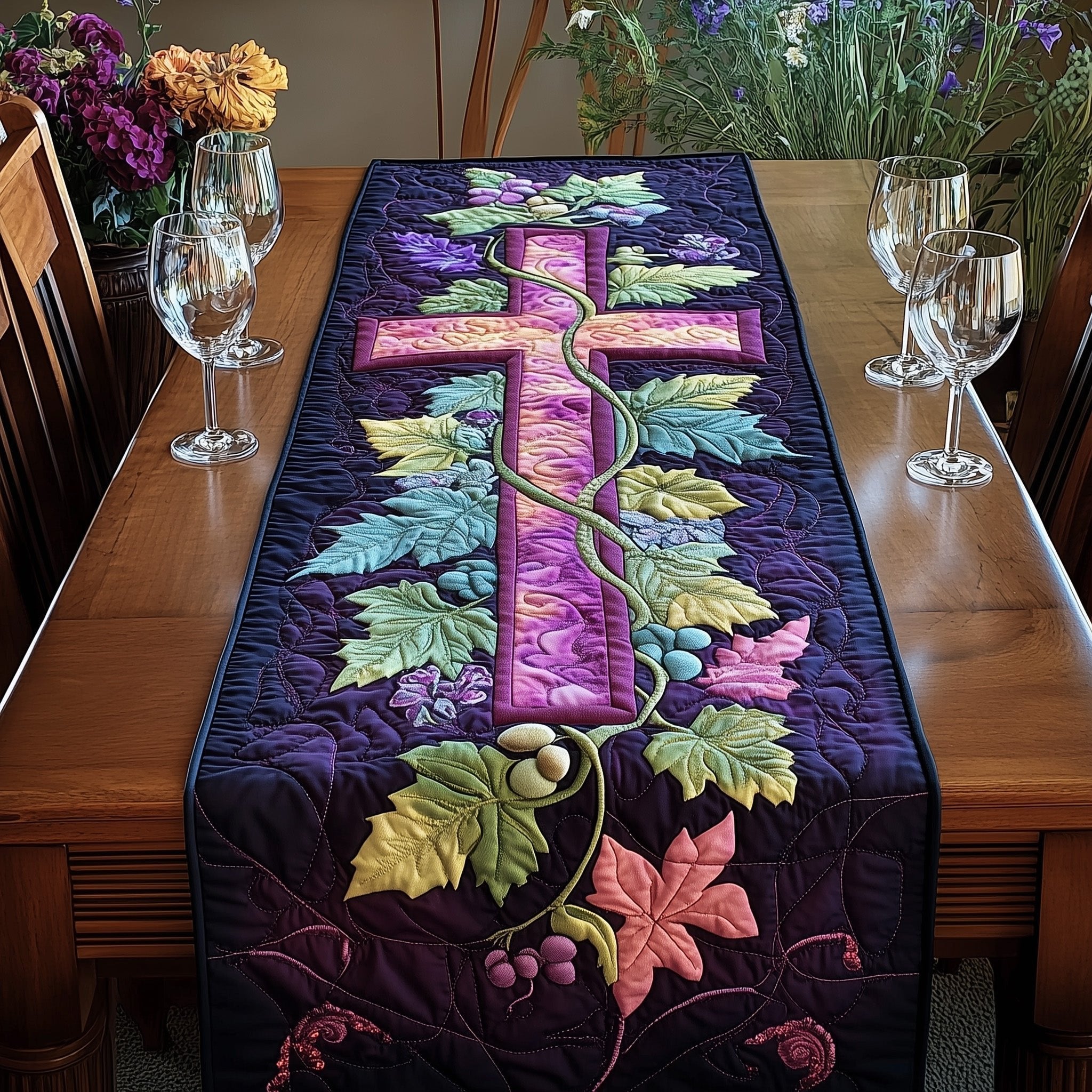 Purple Cross with Autumn Grapevine Table Runner
