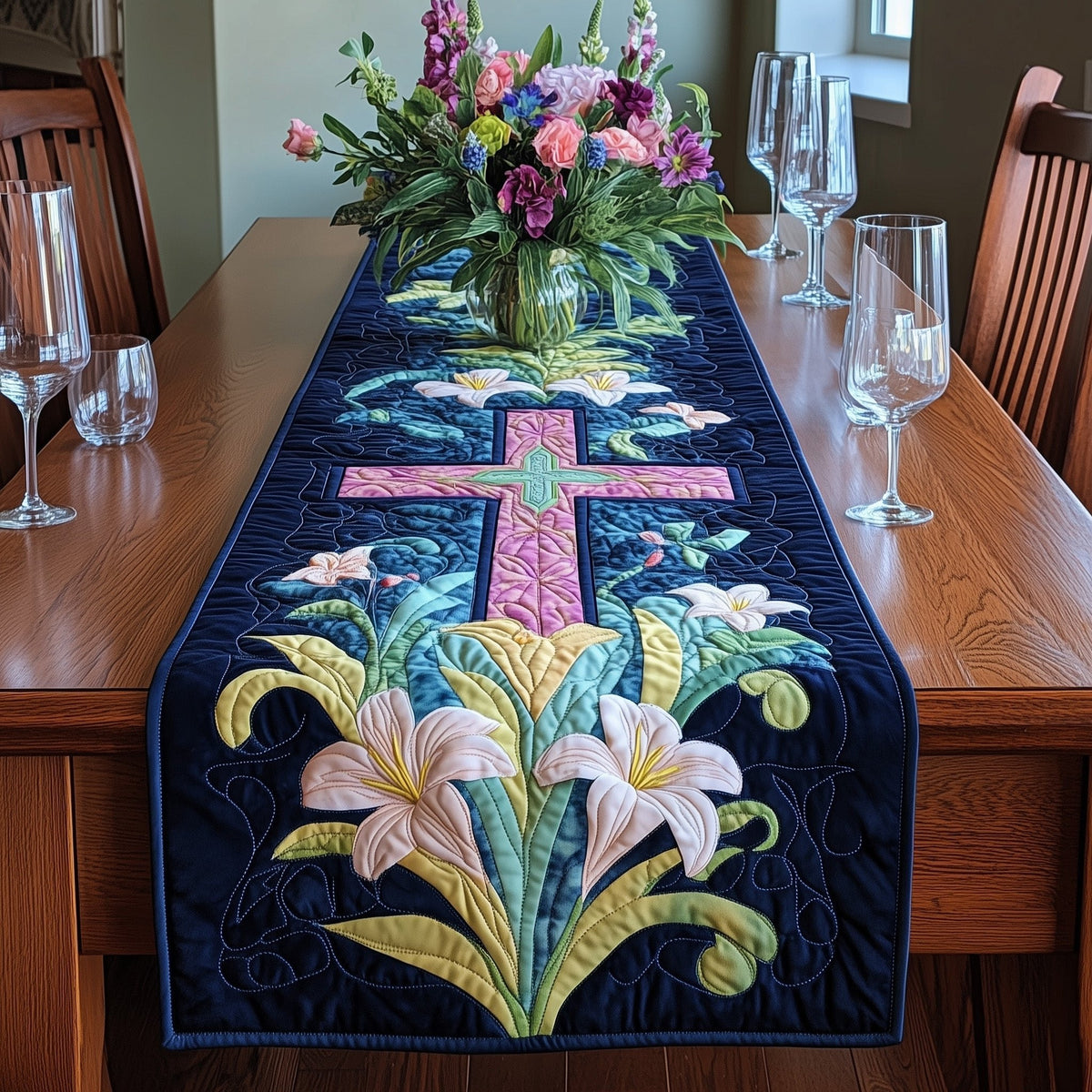 Pink Cross with Lilies on Navy Table Runner