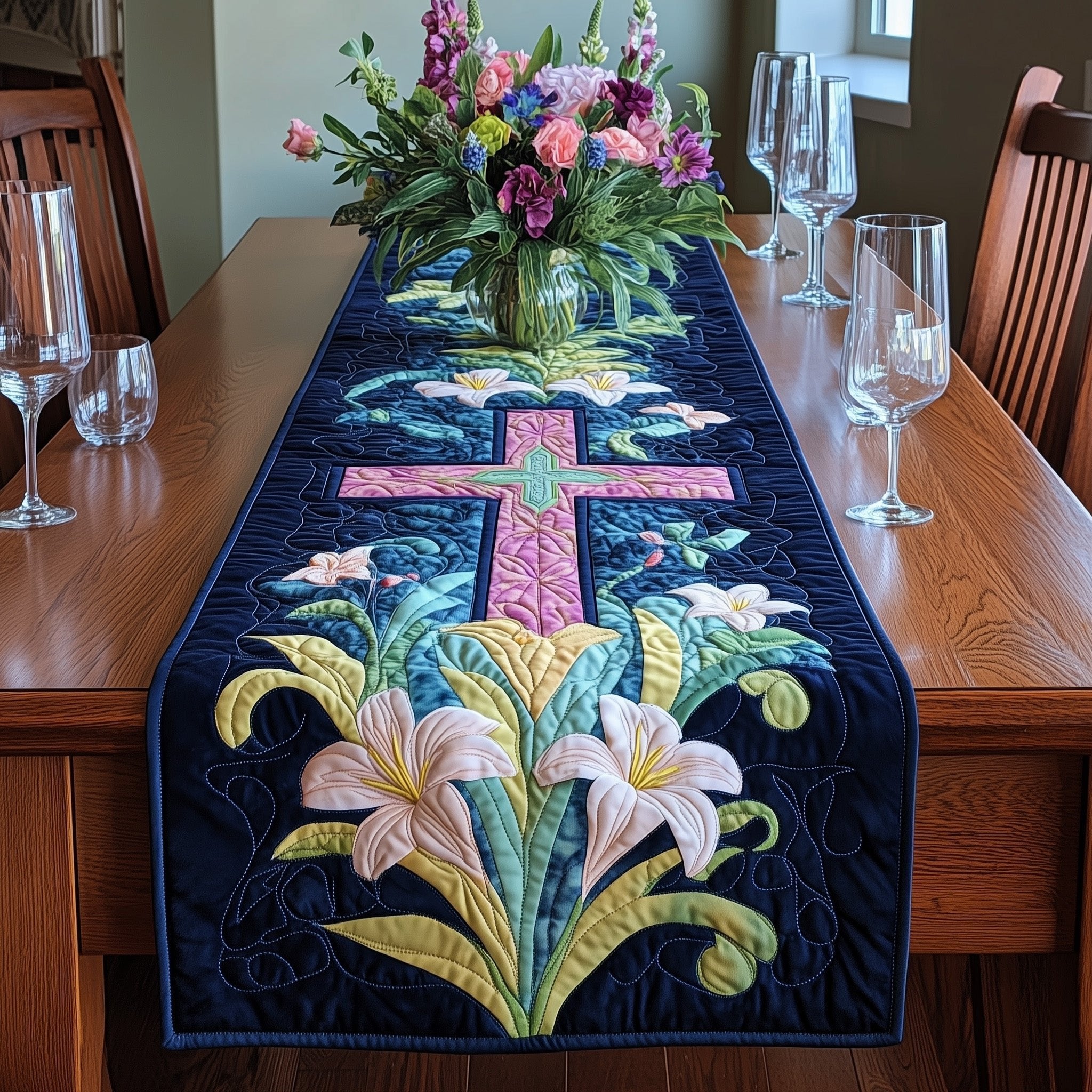 Pink Cross with Lilies on Navy Table Runner