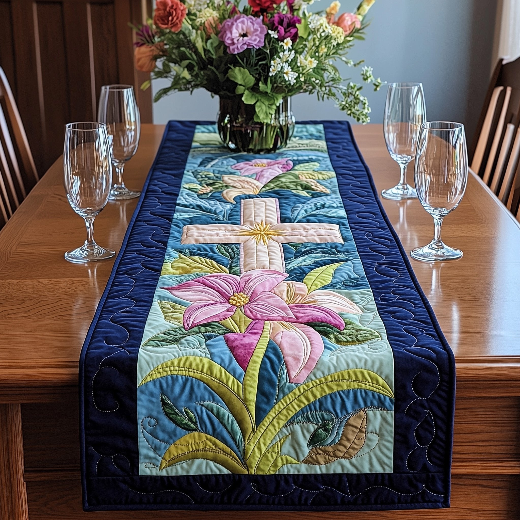White Cross with a Pink Lily Table Runner
