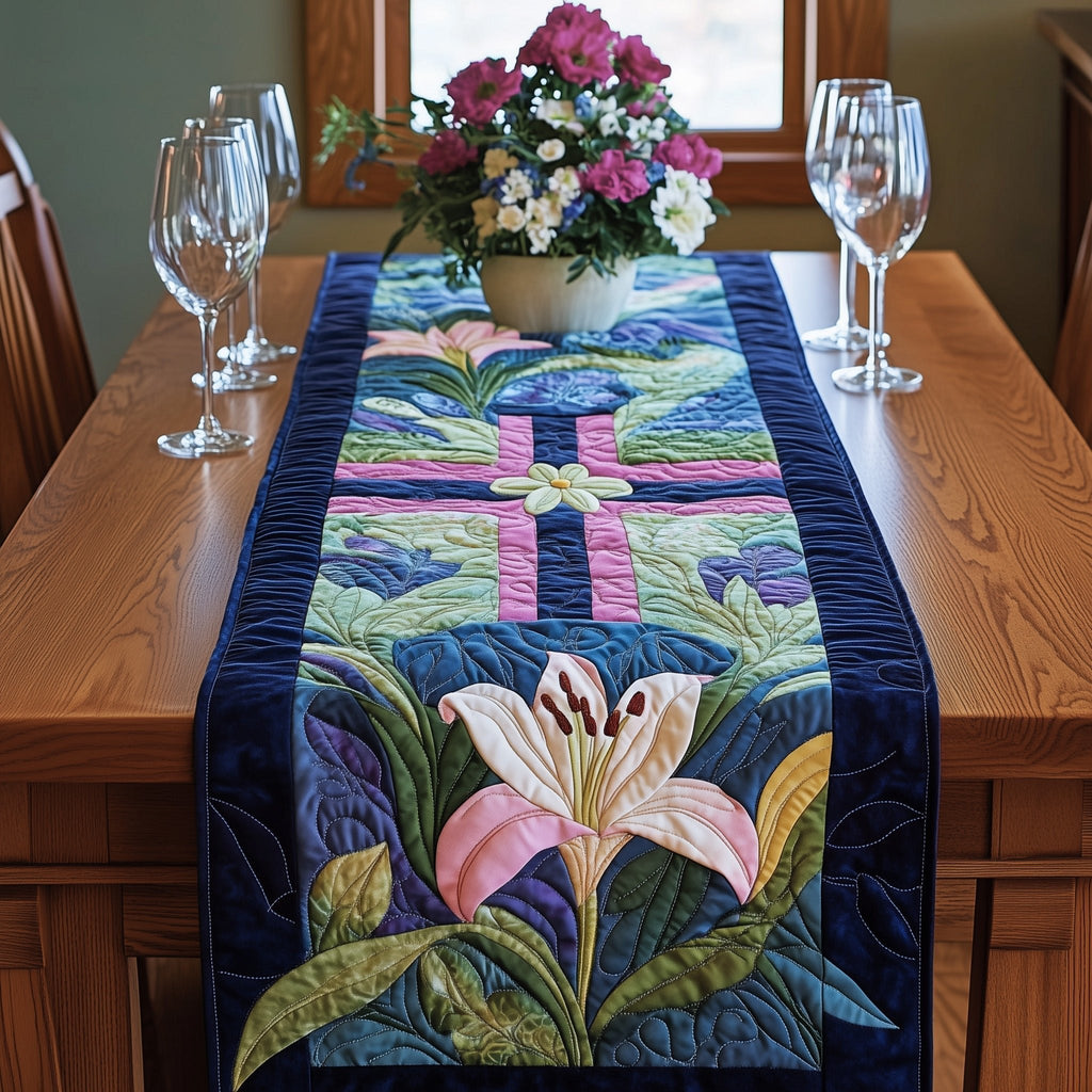Pink Cross with White Lilies Table Runner