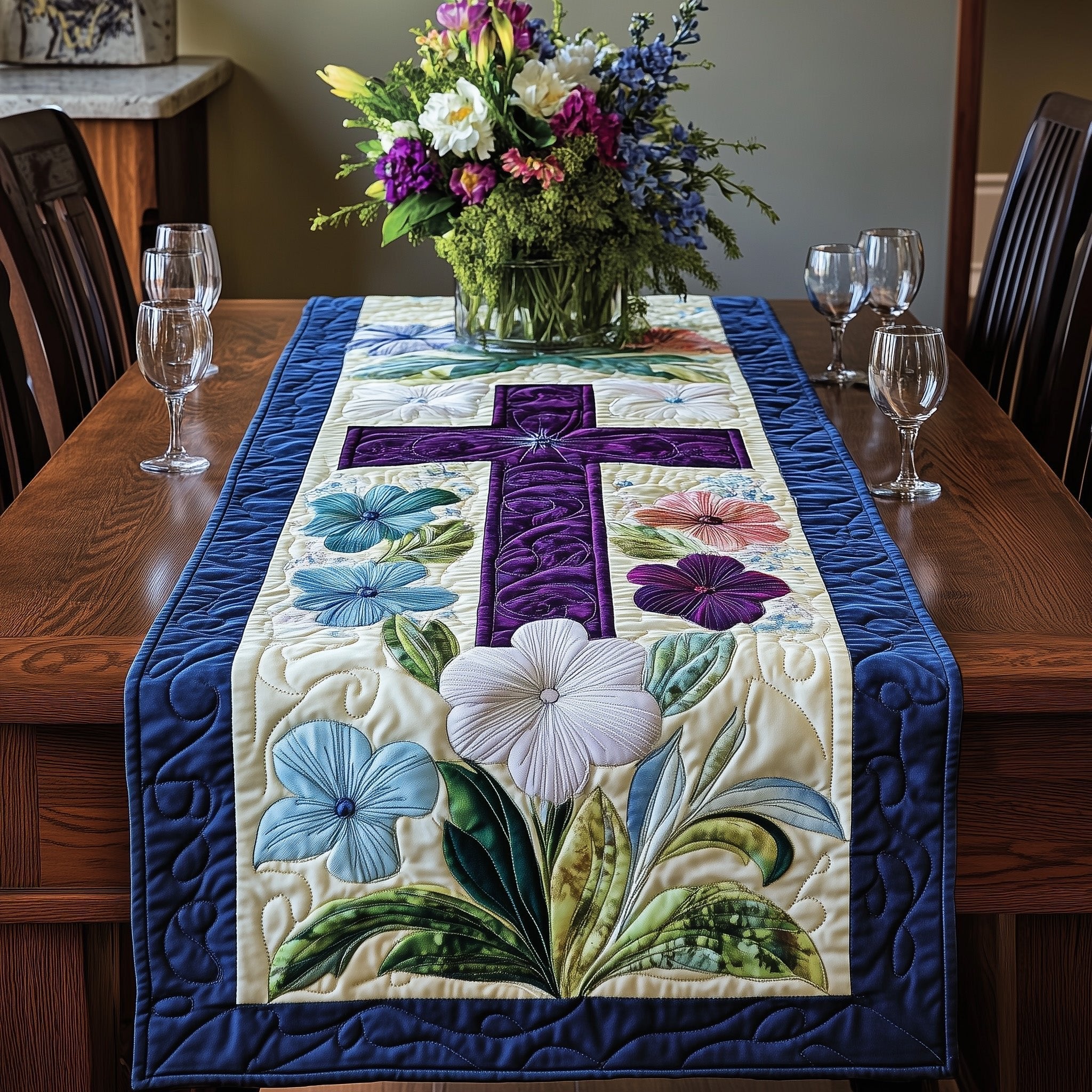 Purple Cross with White Blossoms Table Runner