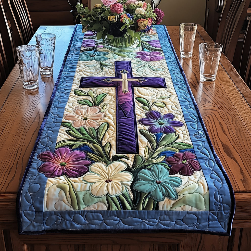 Purple Cross with Pink and Blue Flowers Table Runner