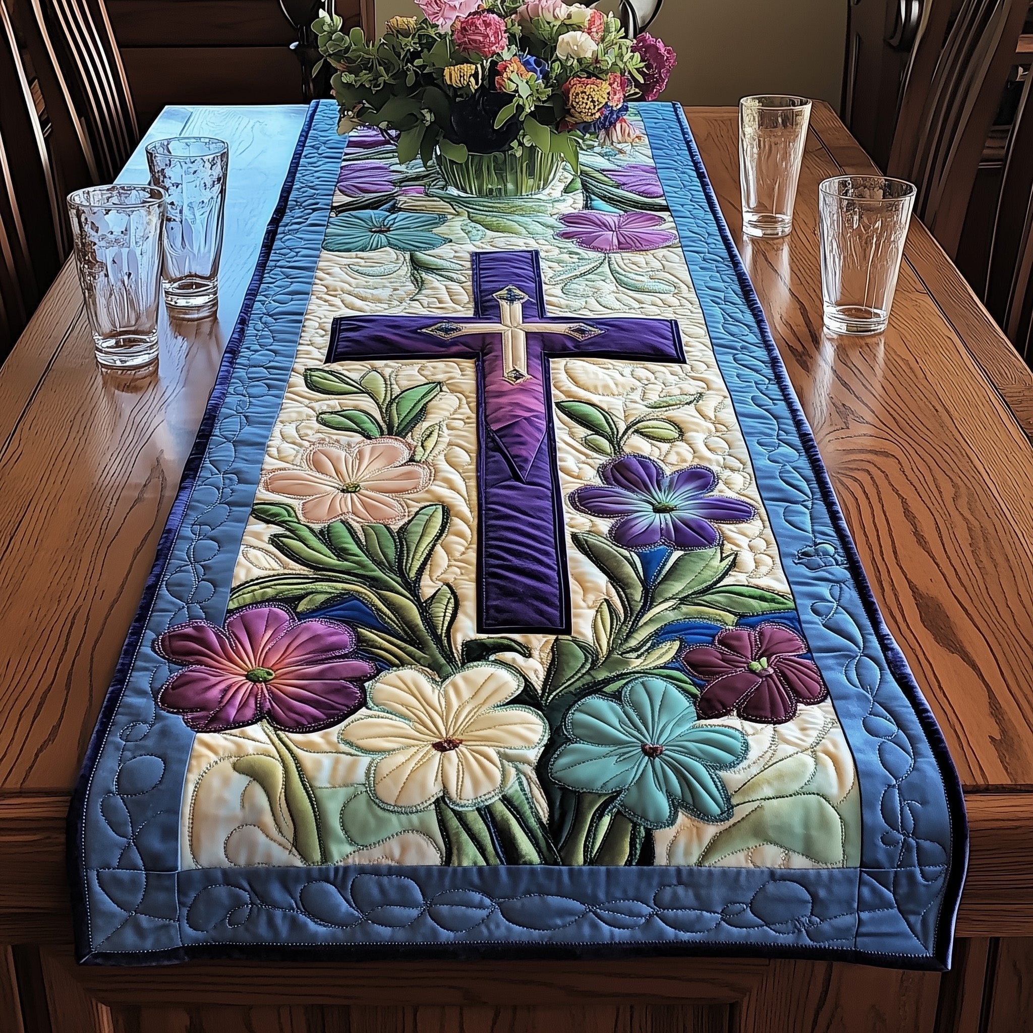 Purple Cross with Pink and Blue Flowers Table Runner