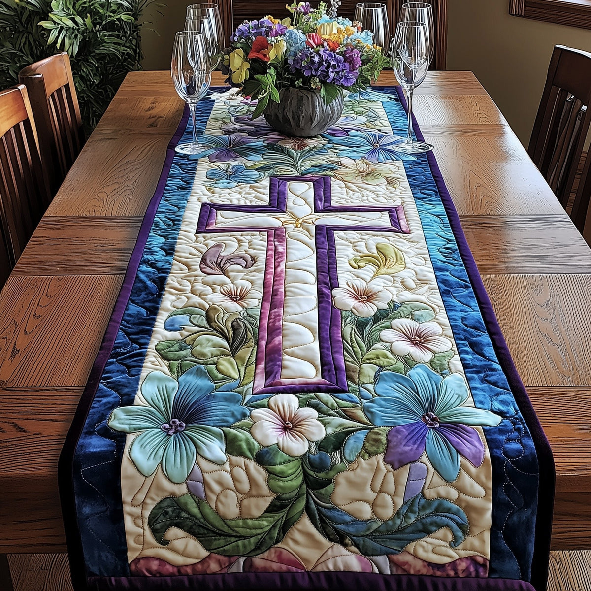 Purple Cross with White Daisies Table Runner