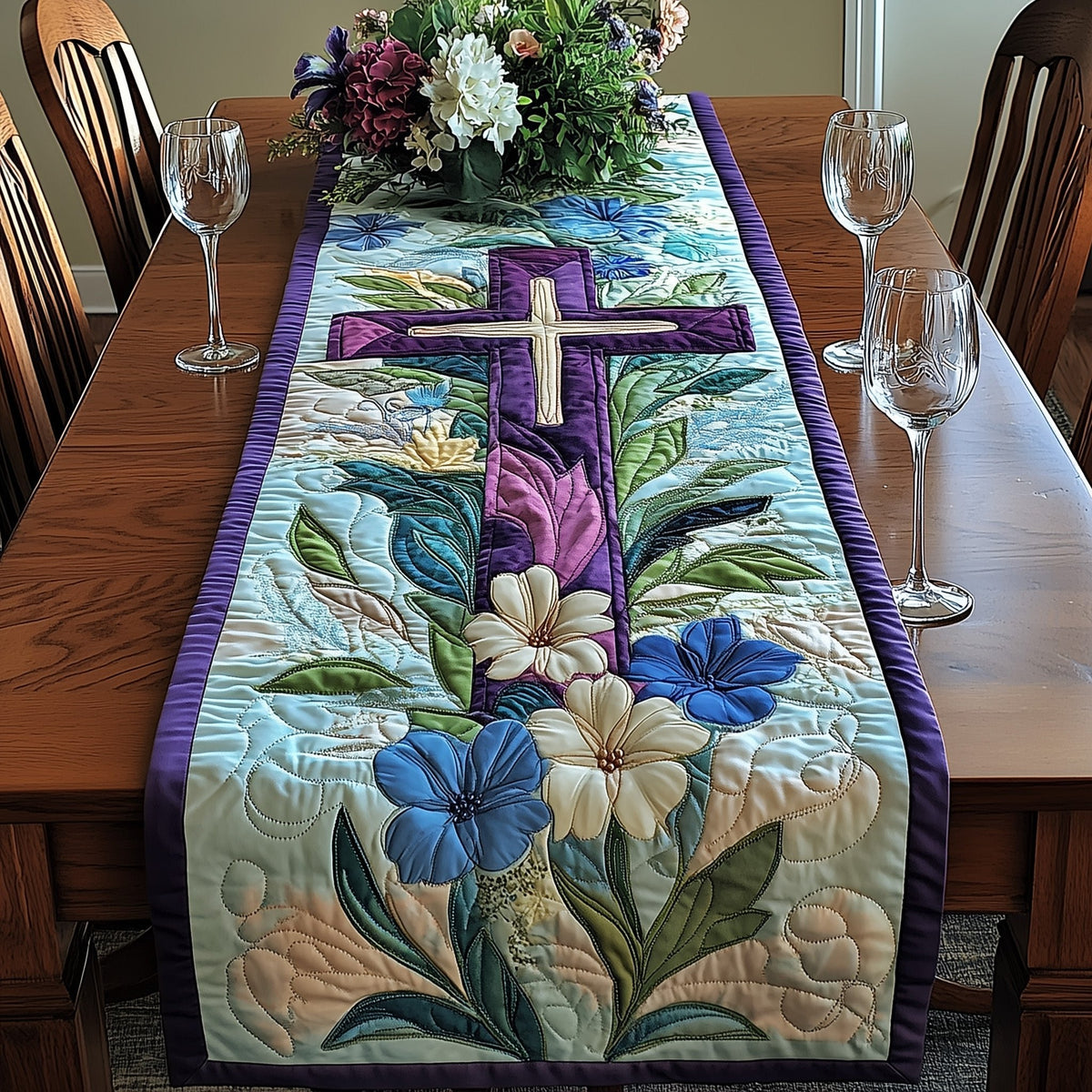 Cross with Blue Flowers and Purple Border Table Runner