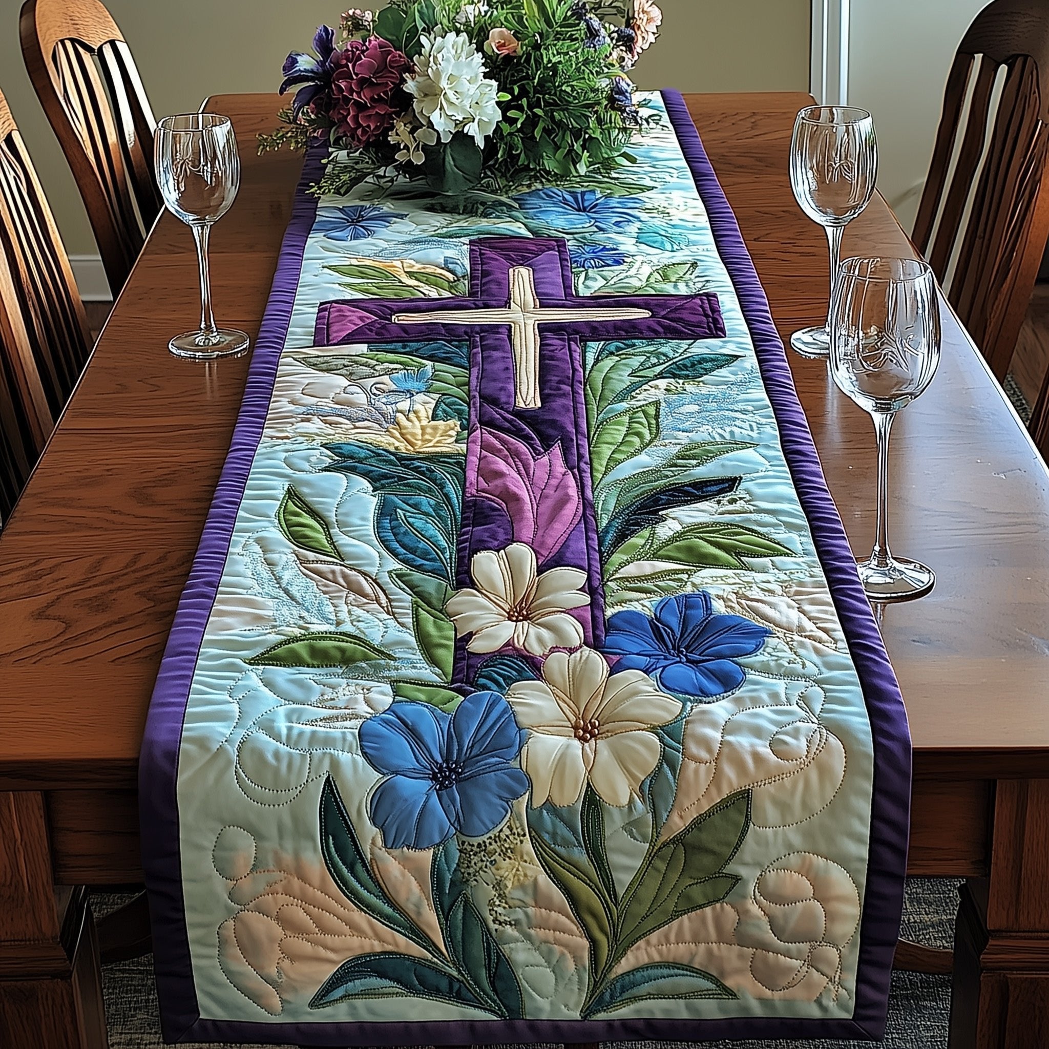 Cross with Blue Flowers and Purple Border Table Runner
