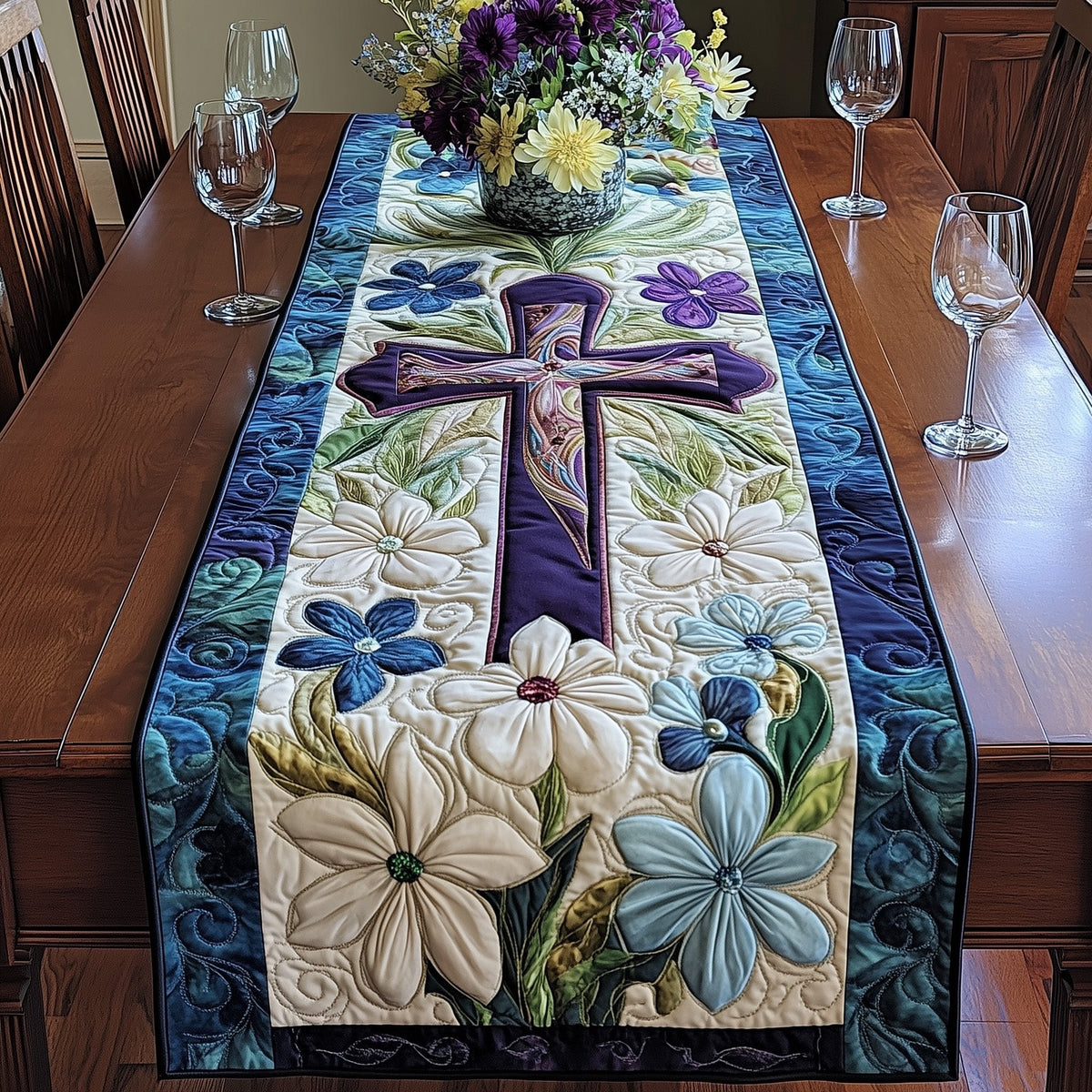 Cross with White and Blue Flowers Table Runner