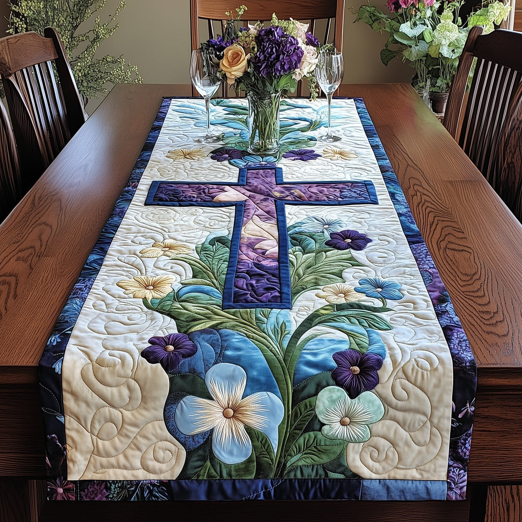 Purple Cross with Blue Blossoms Table Runner