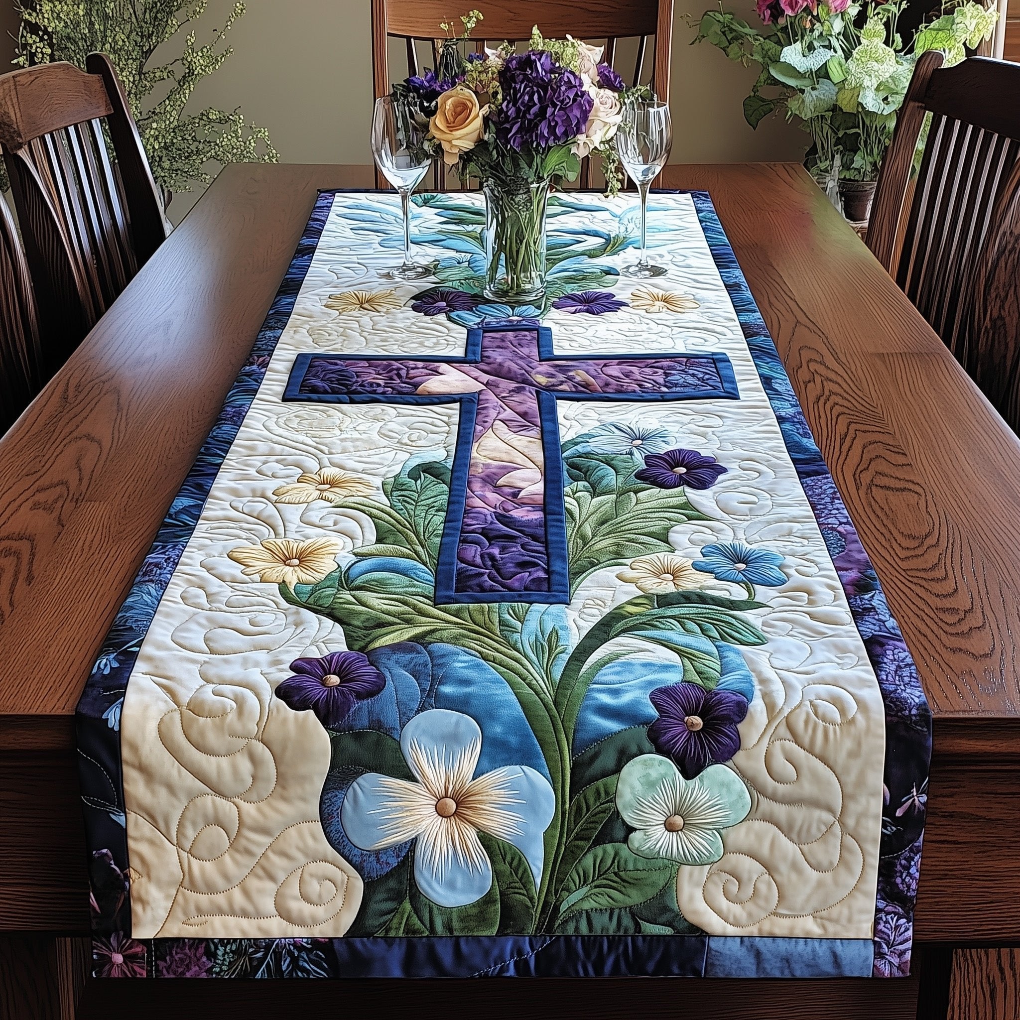 Purple Cross with Blue Blossoms Table Runner