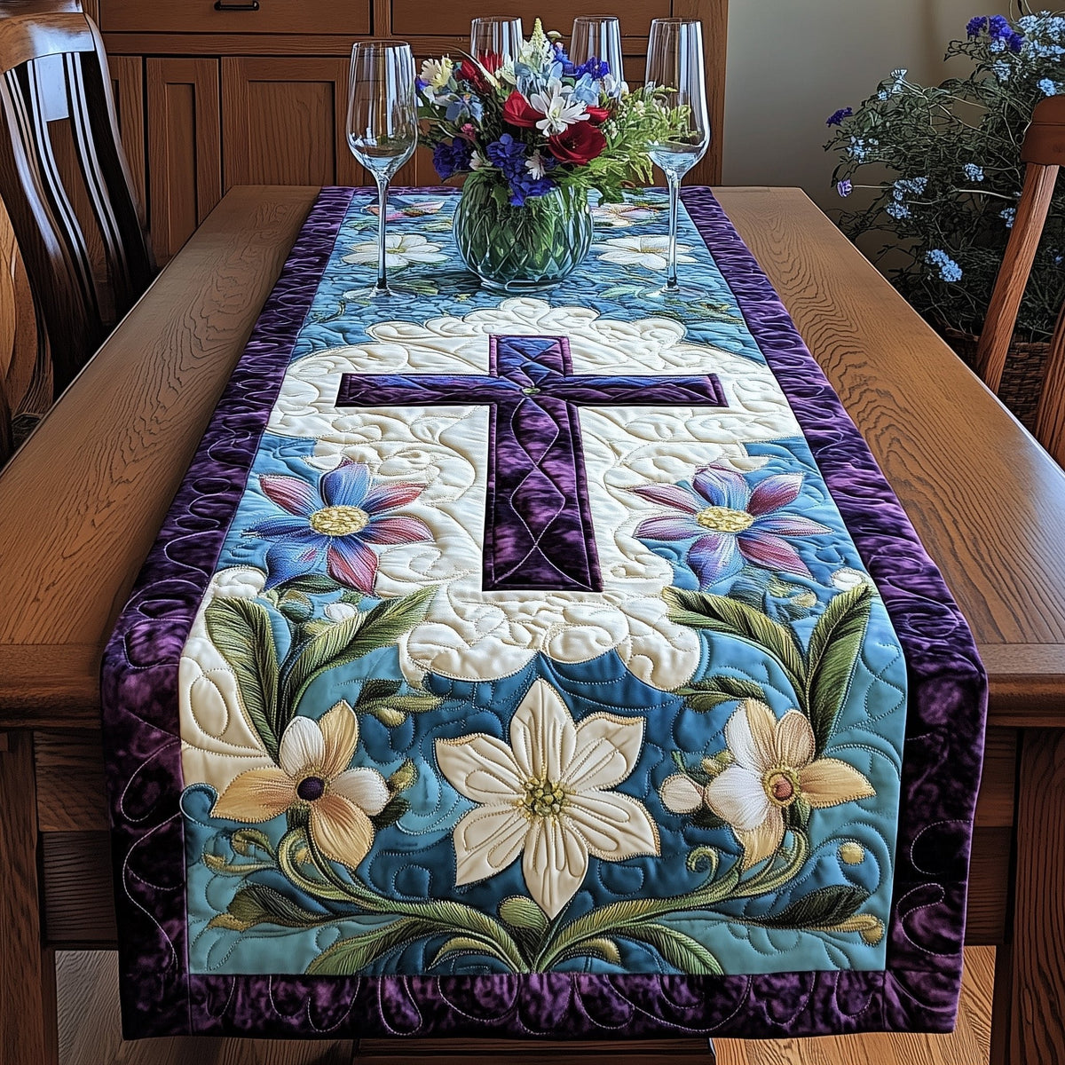 Cross Above White Lilies in Blue Table Runner
