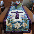 Cross Above White Lilies in Blue Table Runner