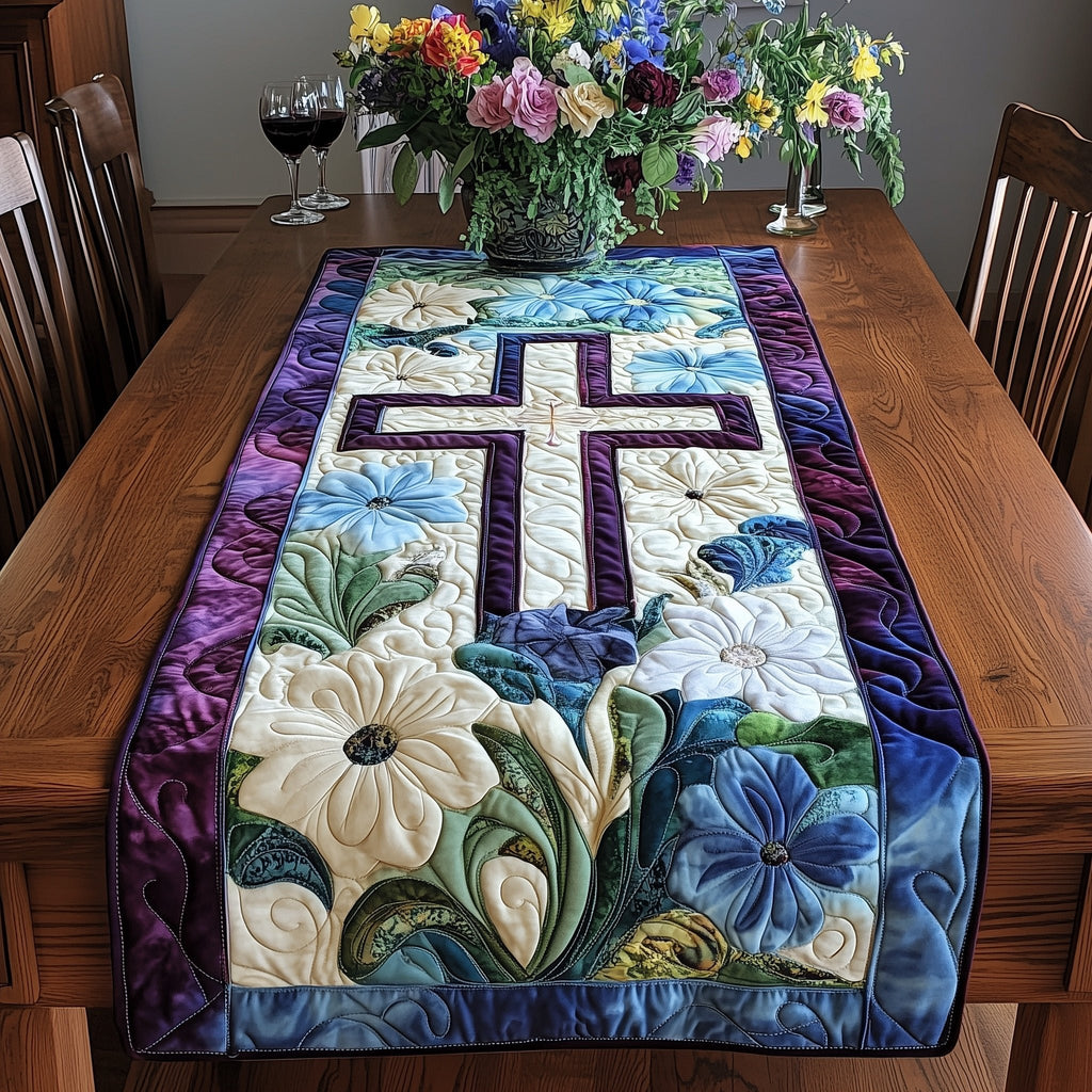 Cross with White Daisies on Purple Table Runner