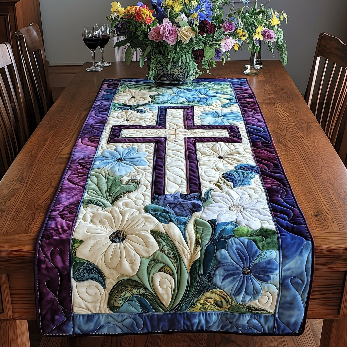 Cross with White Daisies on Purple Table Runner