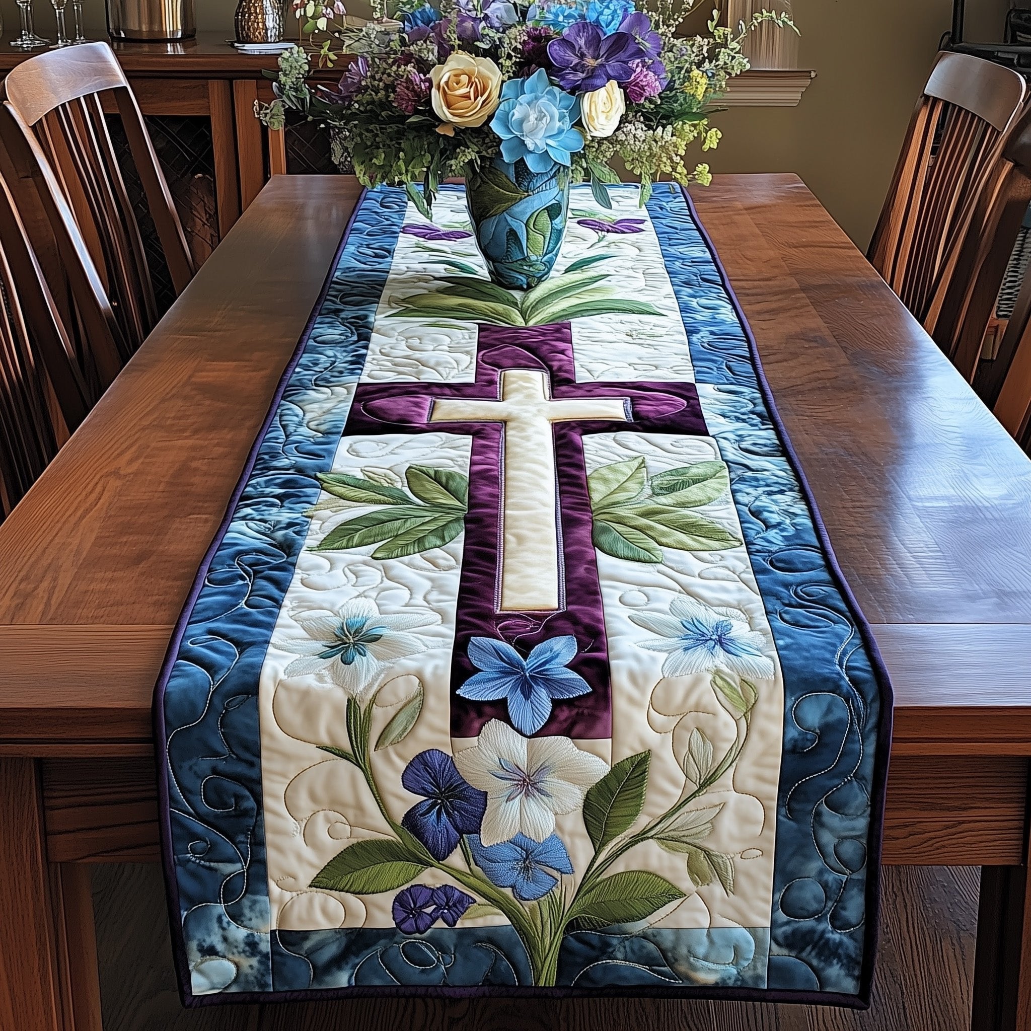 Cross with Violets on Cream Table Runner