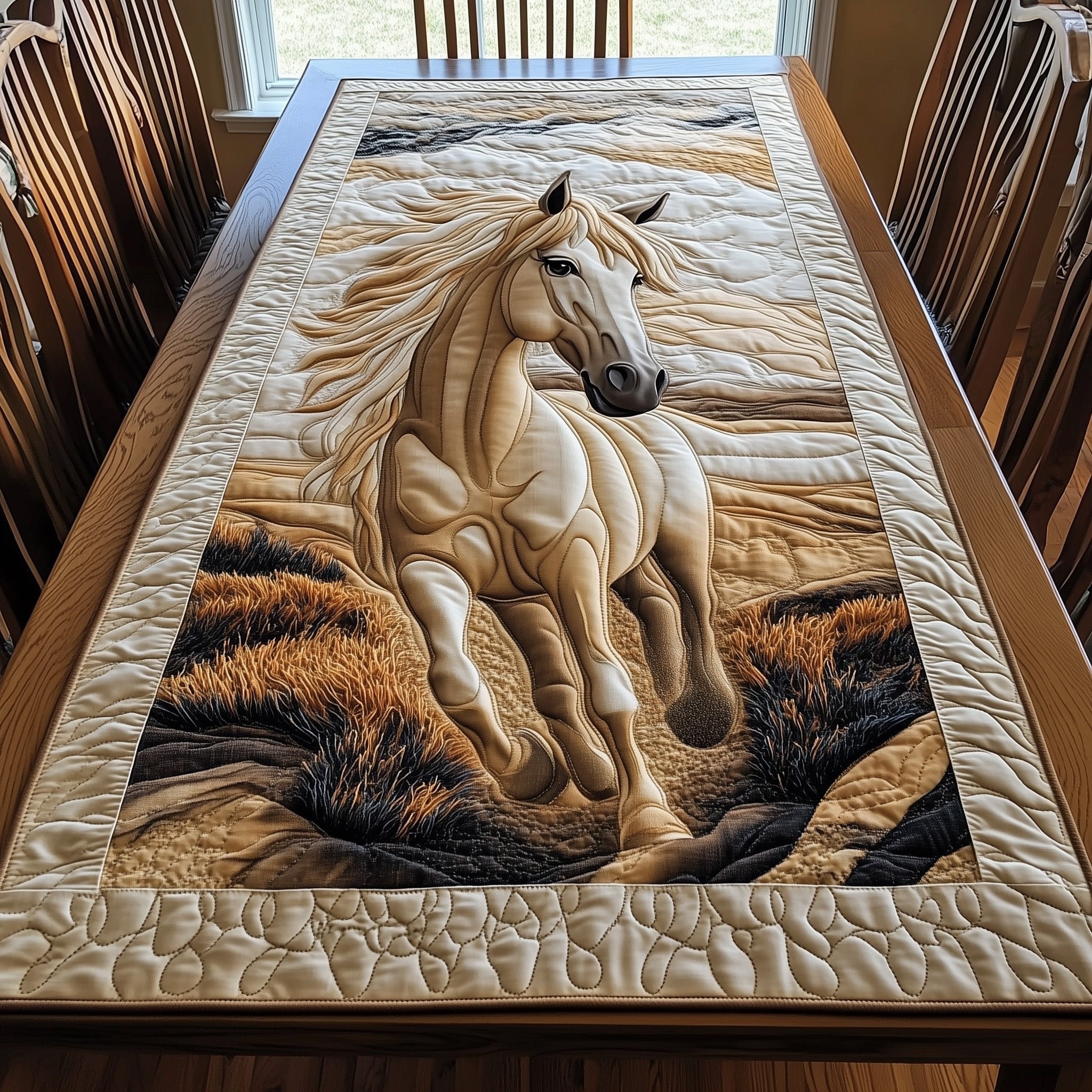 White Horse Running Through Grass Table Runner