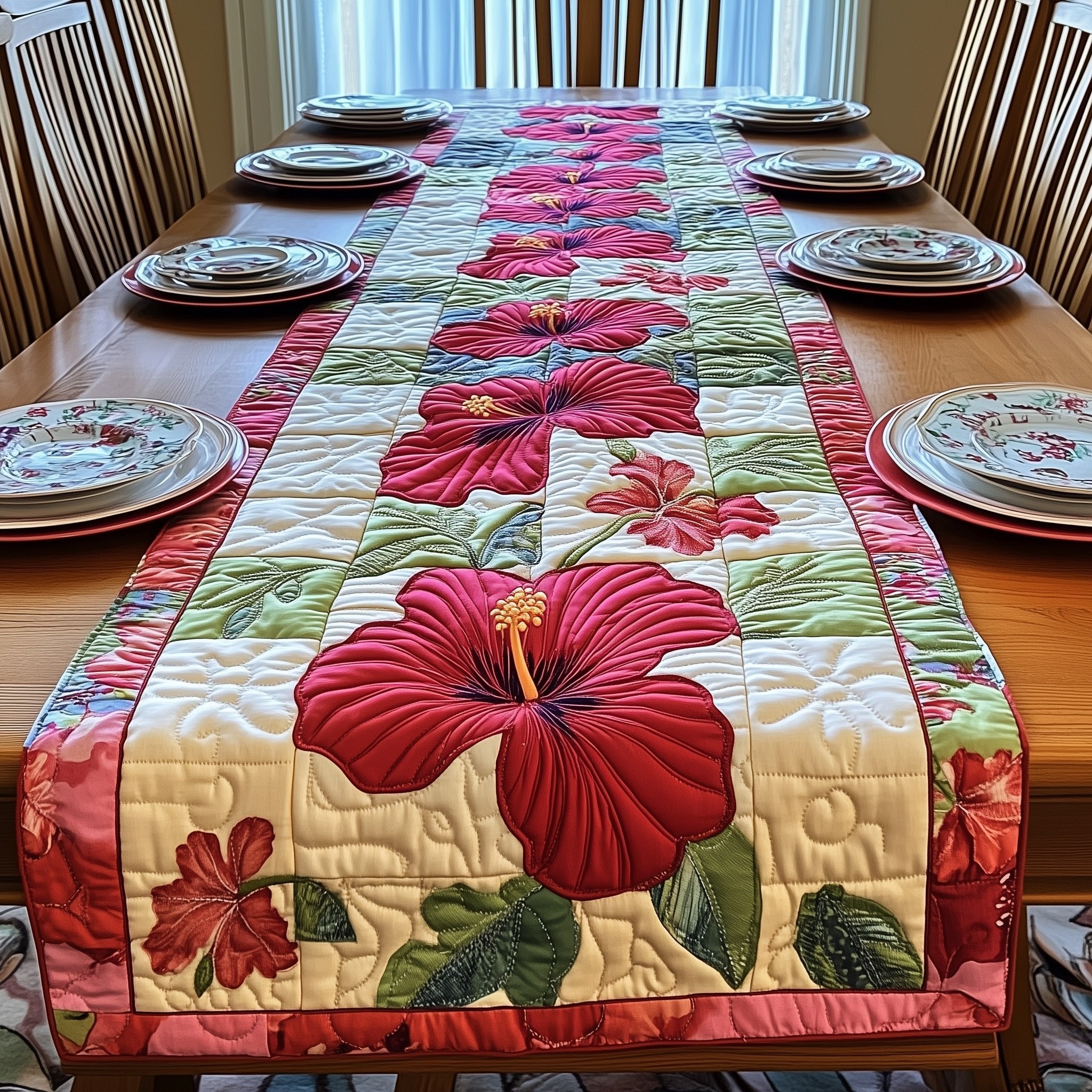 Red Hibiscus on Cream Blocks Table Runner