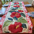 Two Red Hibiscus with Green Leaves Table Runner