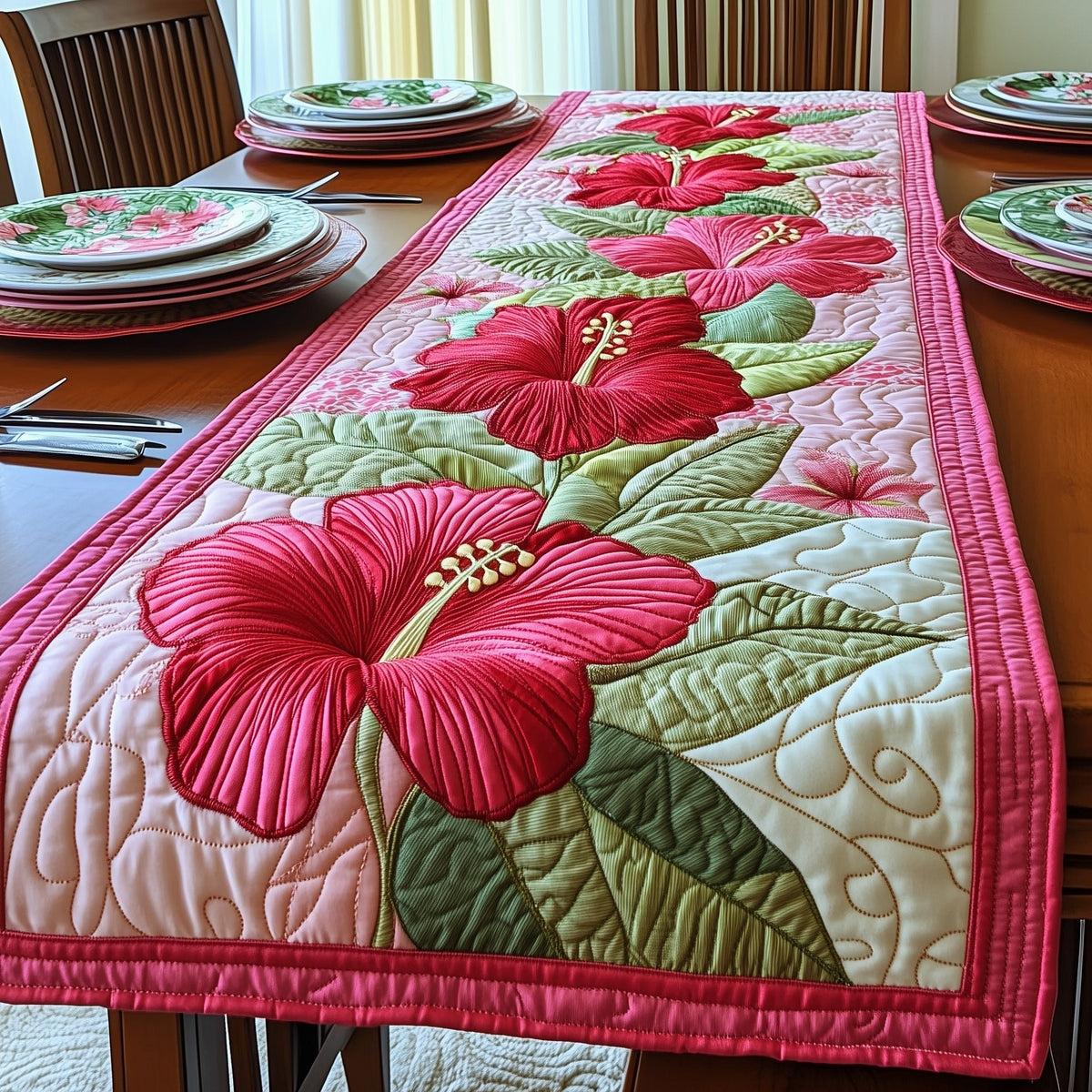 Crimson Hibiscus with Pink Border Table Runner
