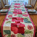 Red Hibiscus on Checkered Panel Table Runner