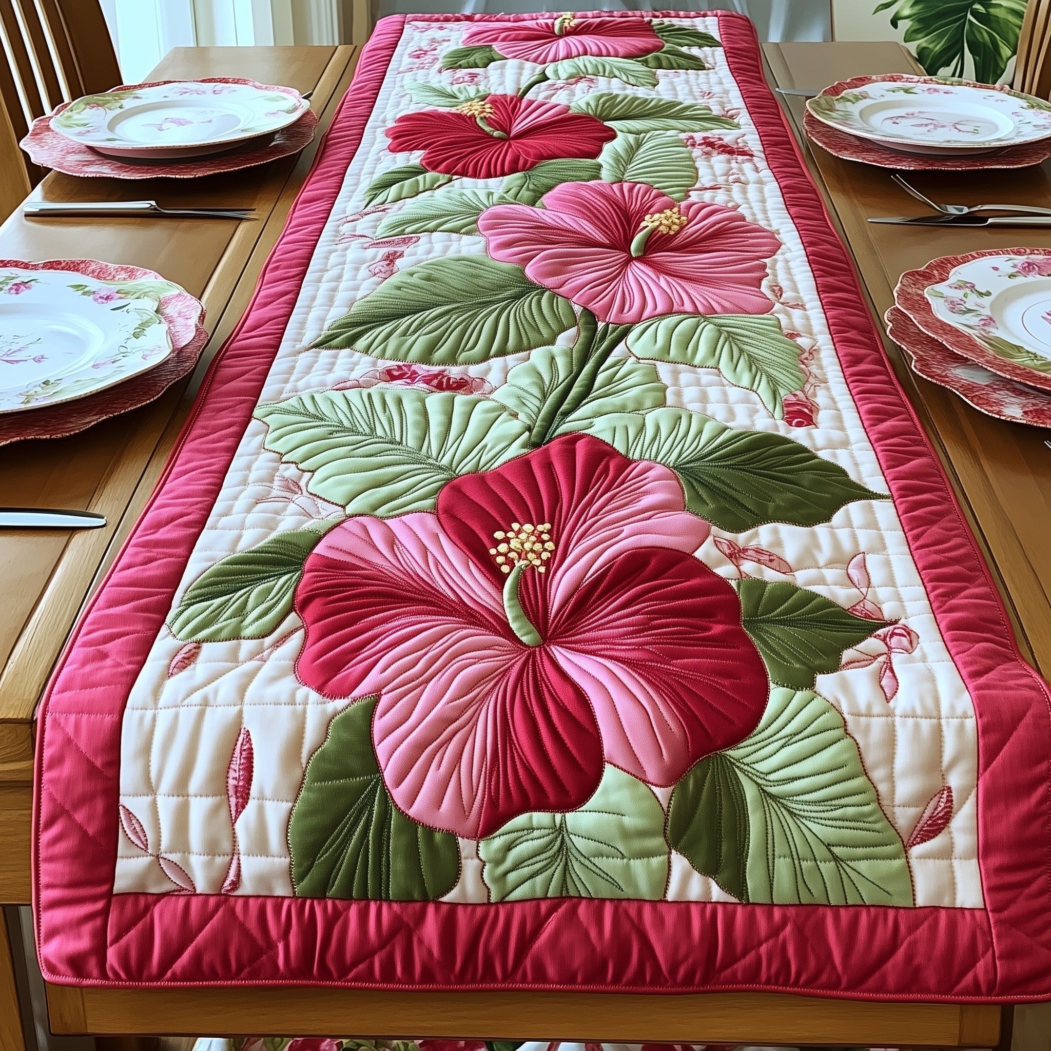 Pink Hibiscus with Broad Leaves Table Runner