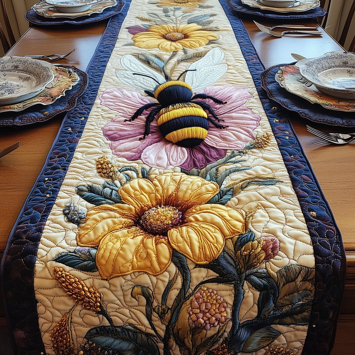 Bumblebee over Golden Sunflowers Table Runner
