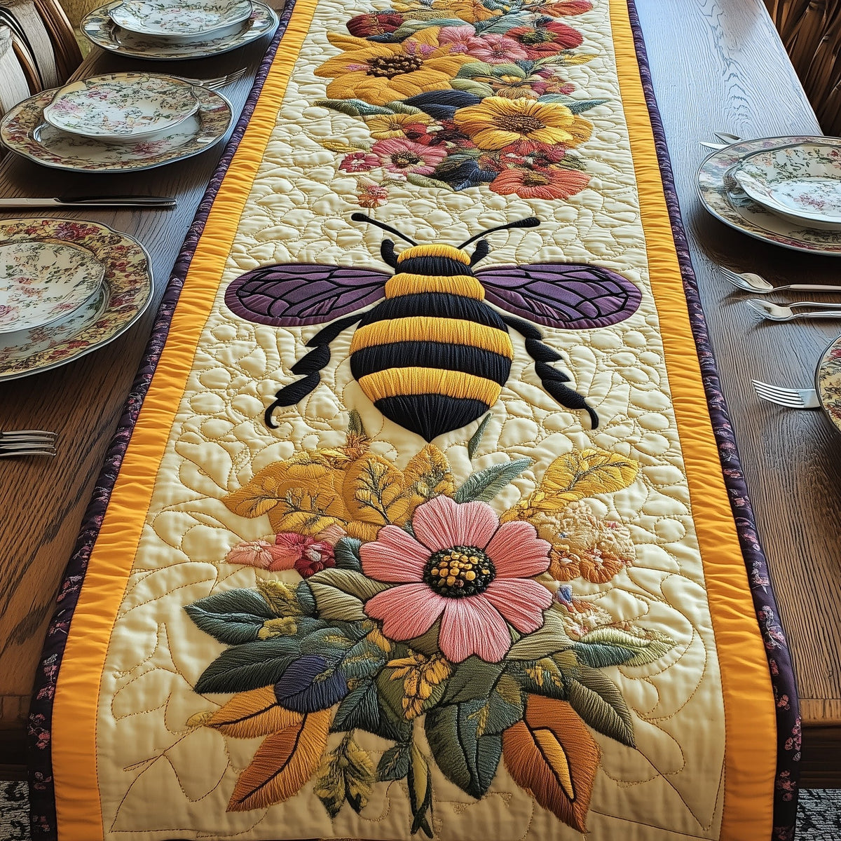 Bee Above Pink and Yellow Daisies Table Runner