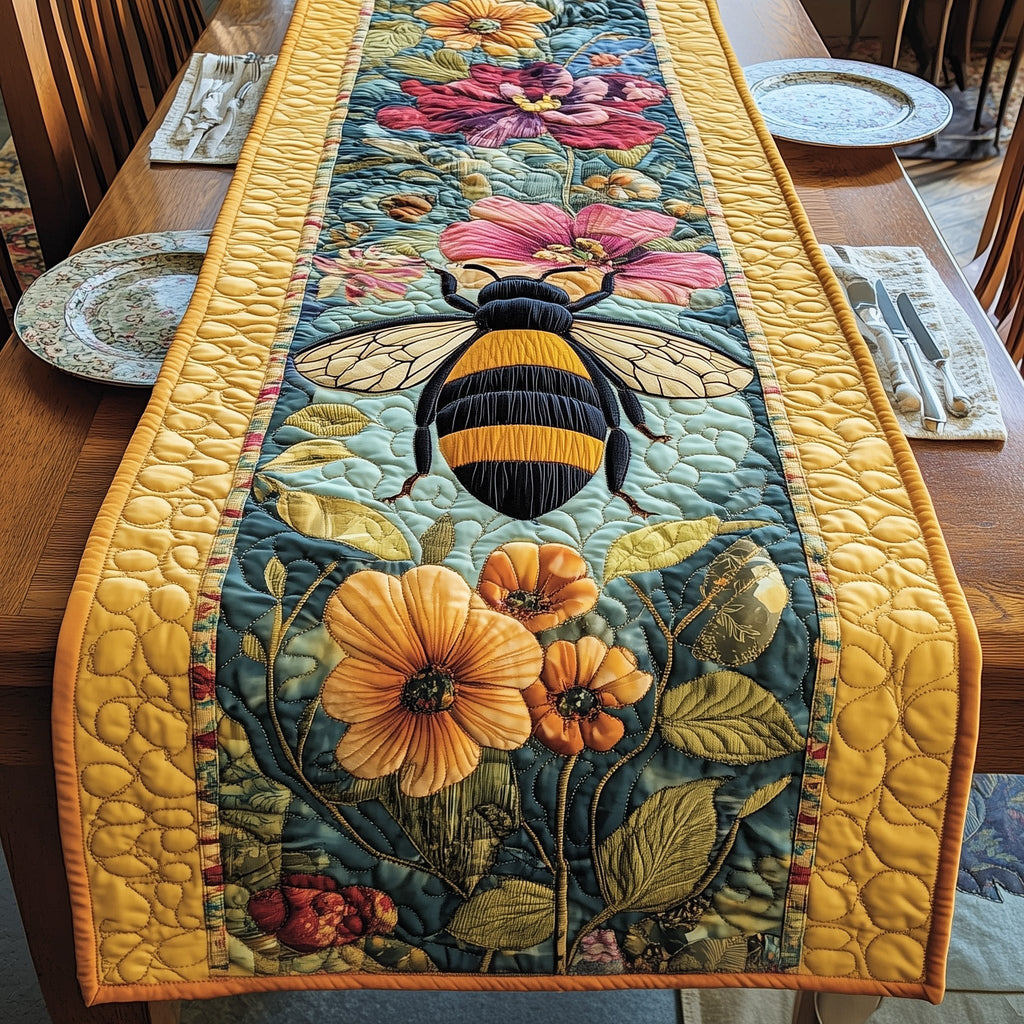 Bee on Teal Panel with Gold Border Table Runner