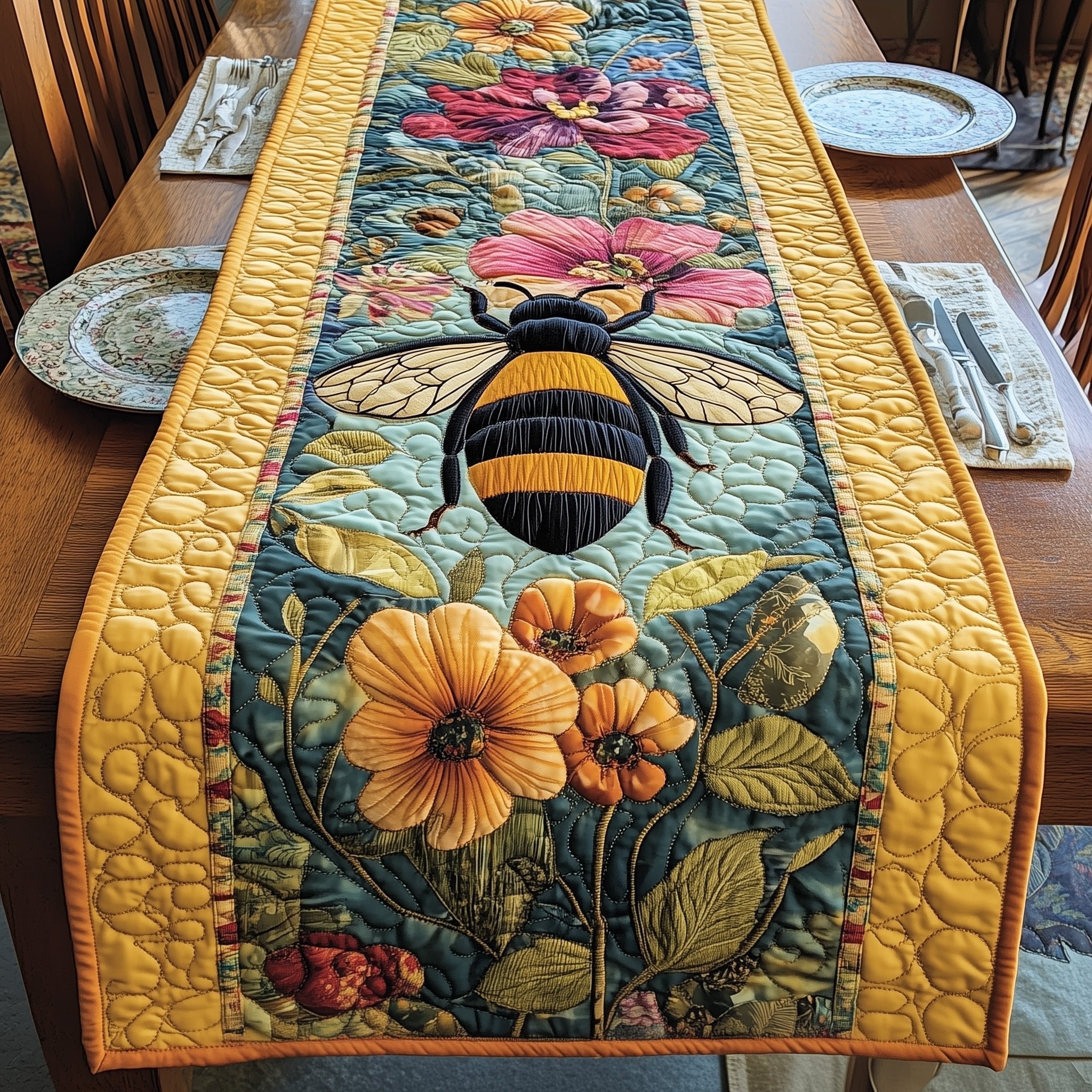 Bee on Teal Panel with Gold Border Table Runner