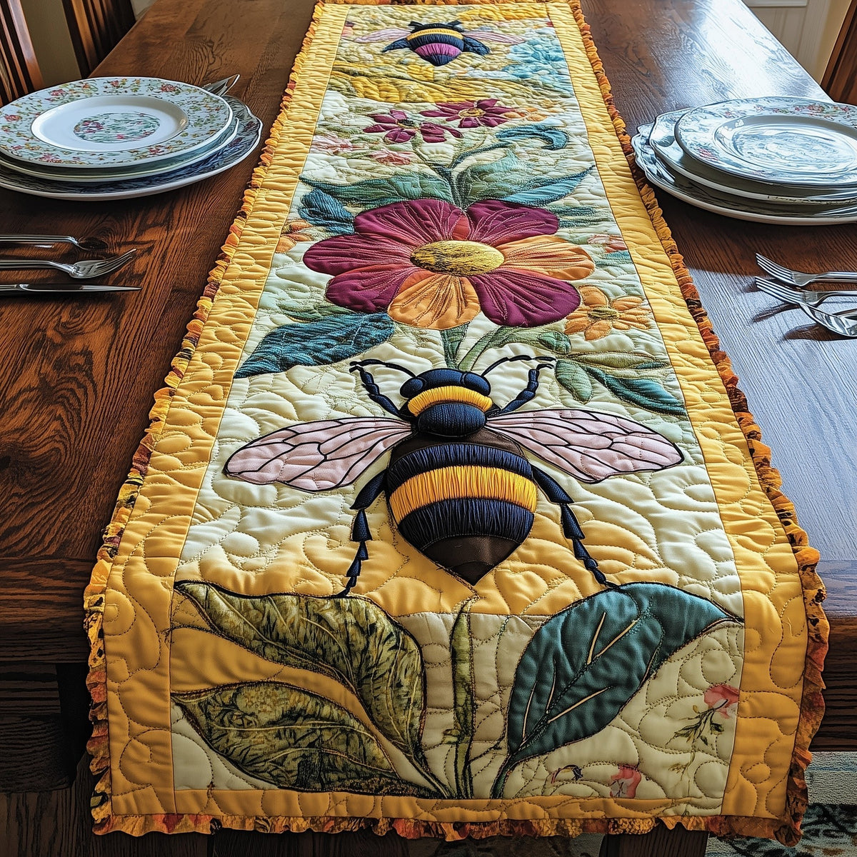 Bee with Pink Flower and Leaves Table Runner