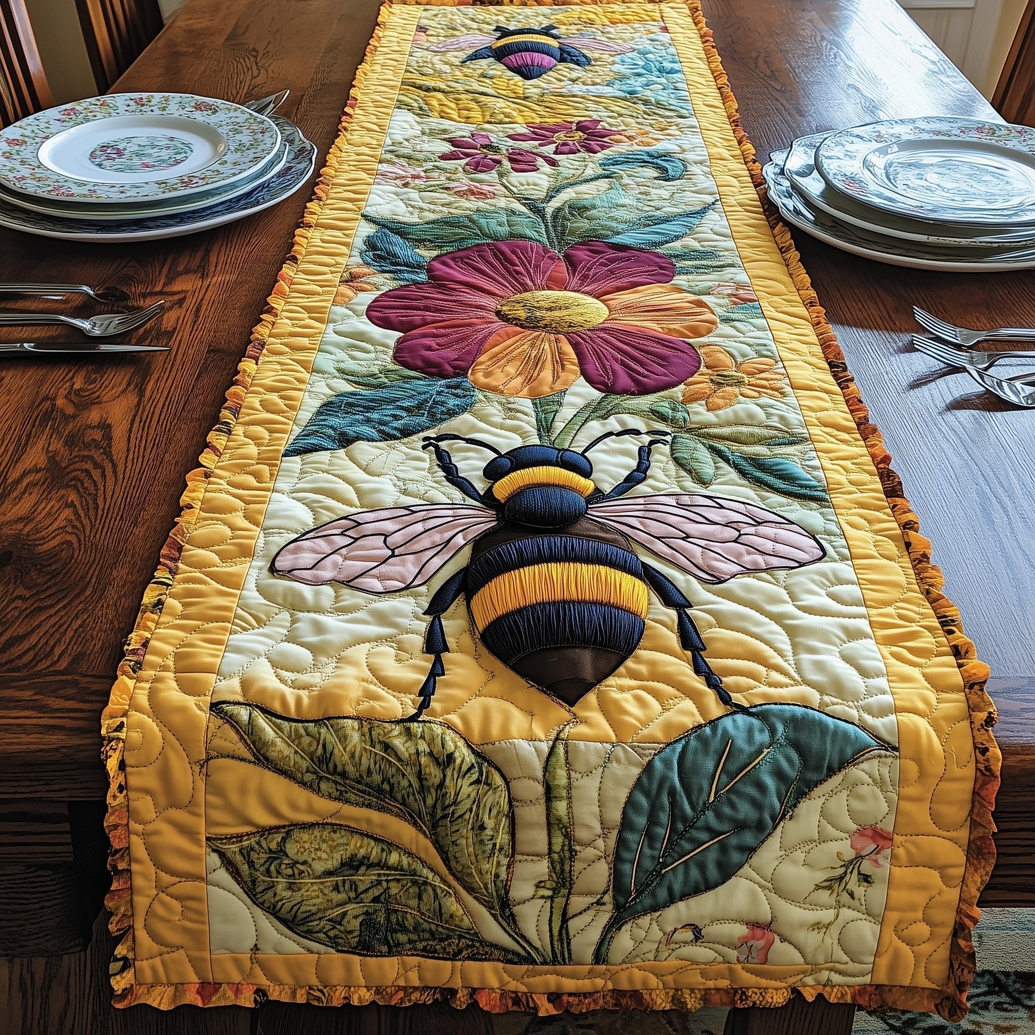 Bee with Pink Flower and Leaves Table Runner