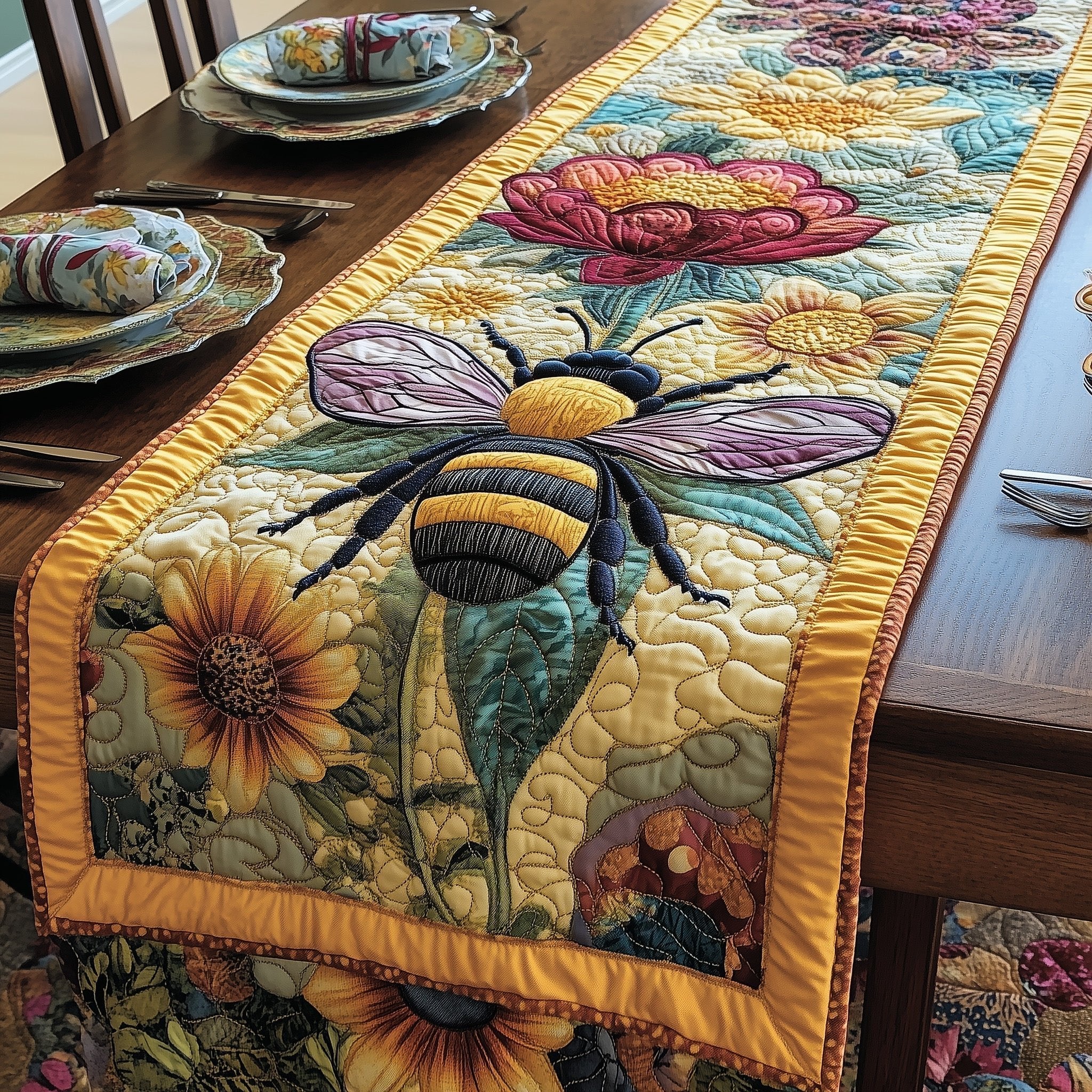 Bee Above Sunflower on Cream Table Runner