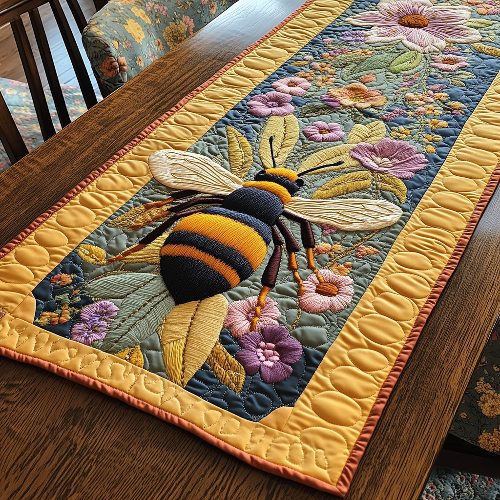 Bumblebee on Purple Floral Panel Table Runner
