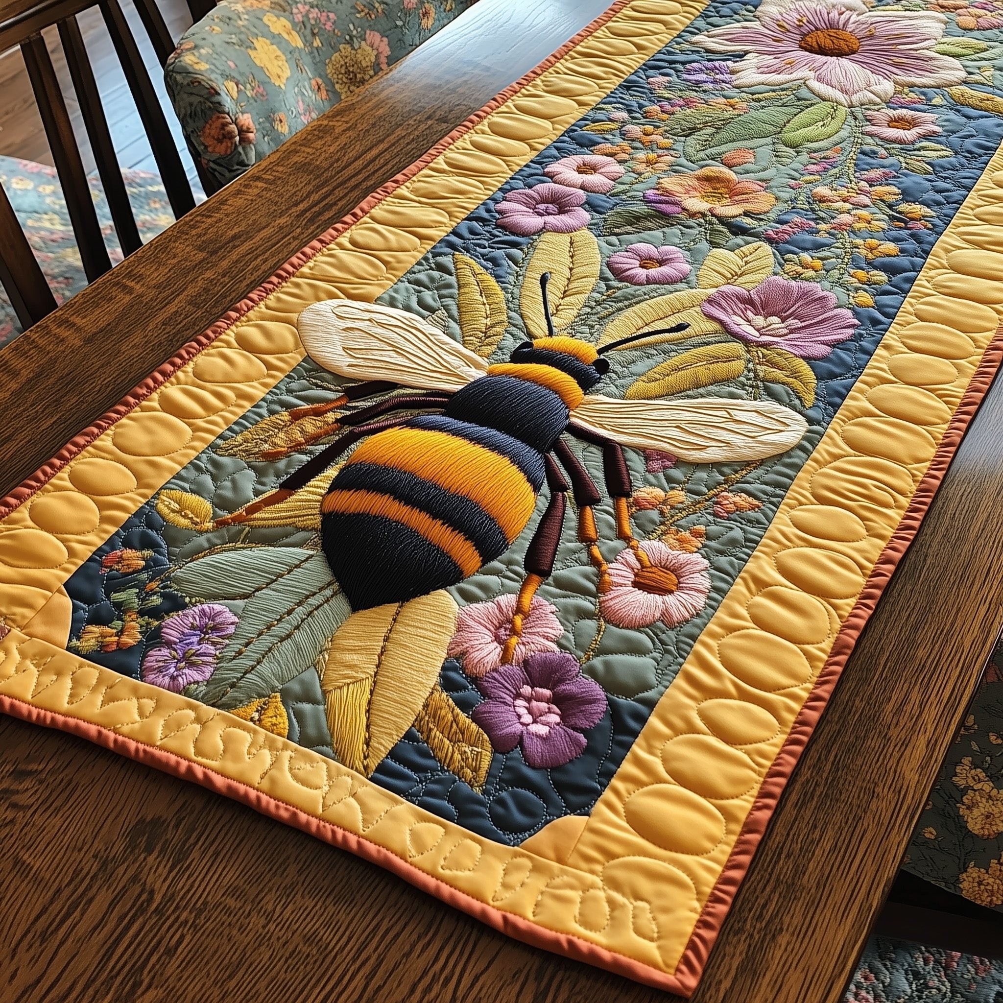 Bumblebee on Purple Floral Panel Table Runner