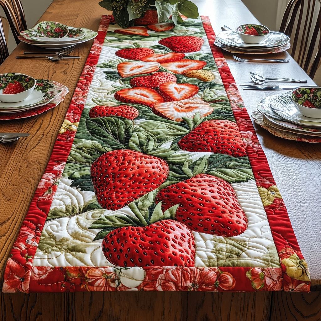 Whole Strawberries with Red Border Table Runner