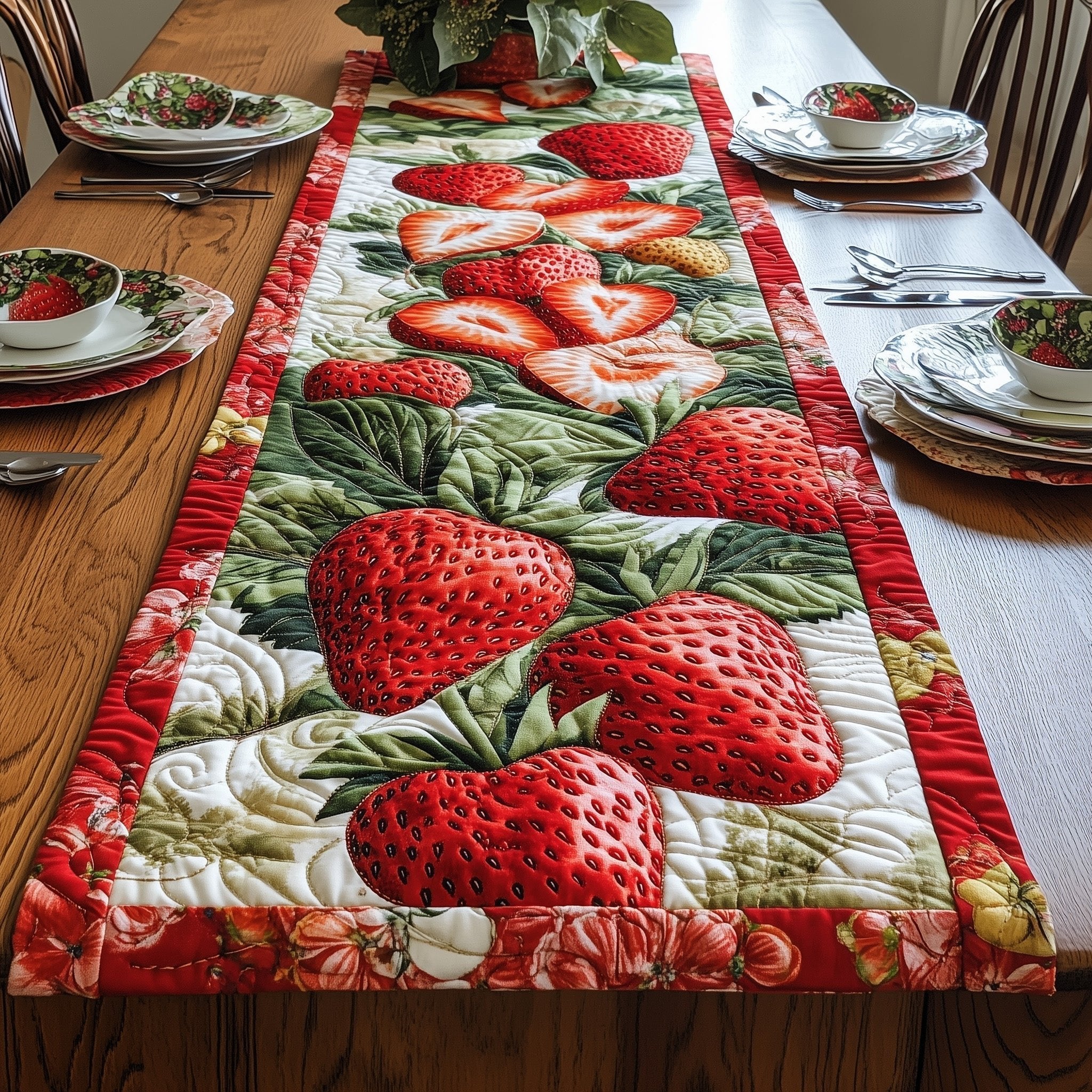Whole Strawberries with Red Border Table Runner