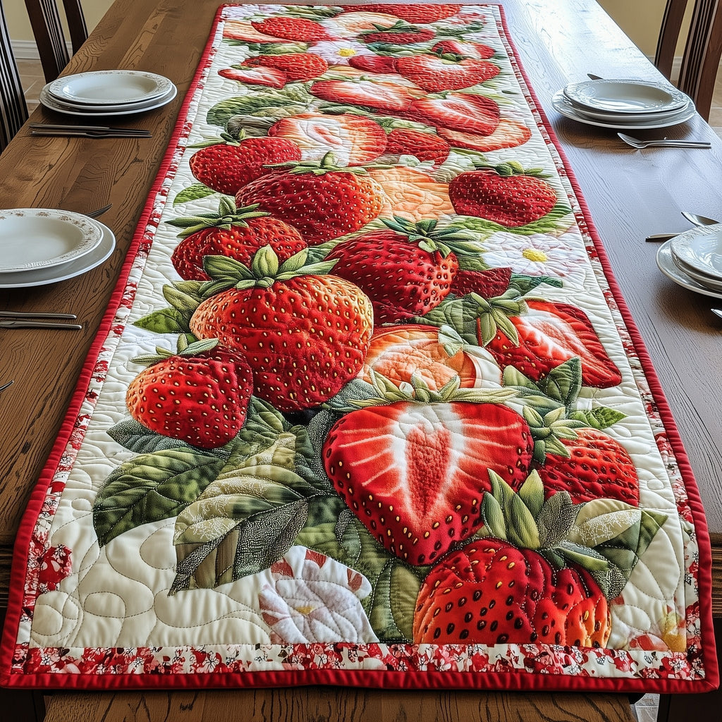 Sliced Strawberries with Green Leaves Table Runner