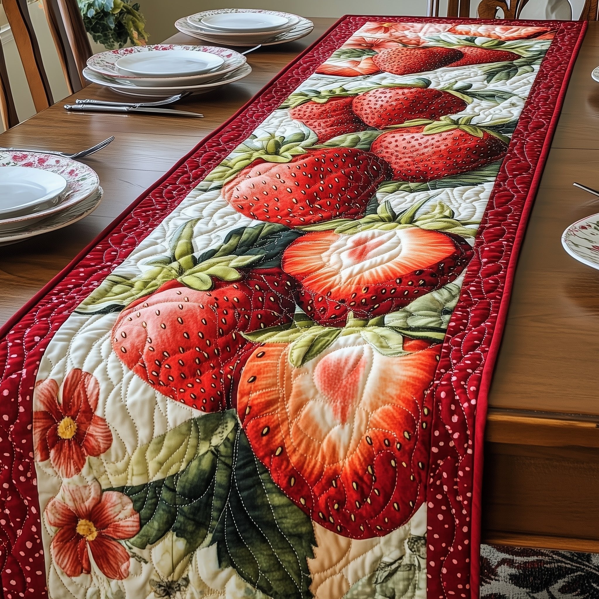 Halved Strawberries on Cream Curve Table Runner