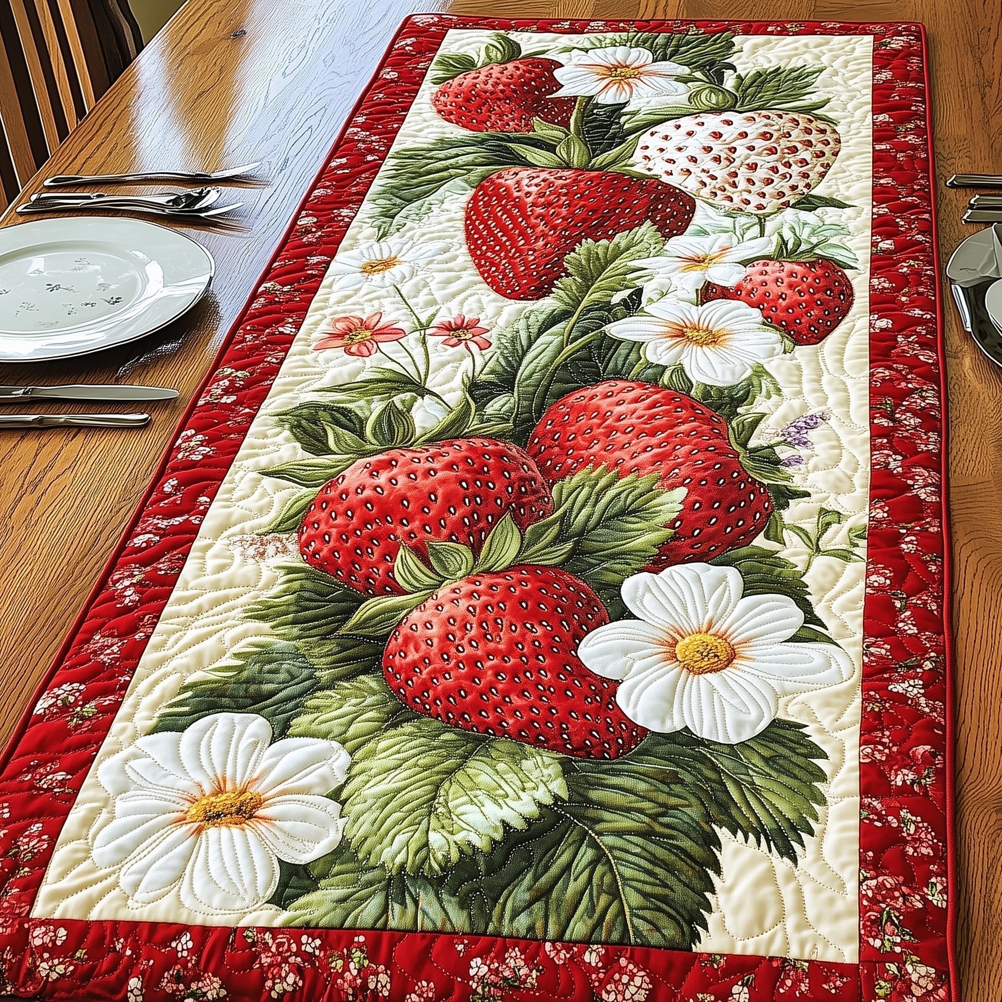 Strawberries with White Blossom Table Runner