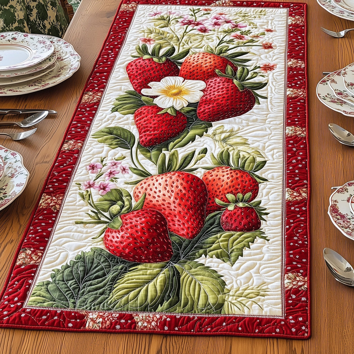 Strawberries and Daisy on Cream Table Runner