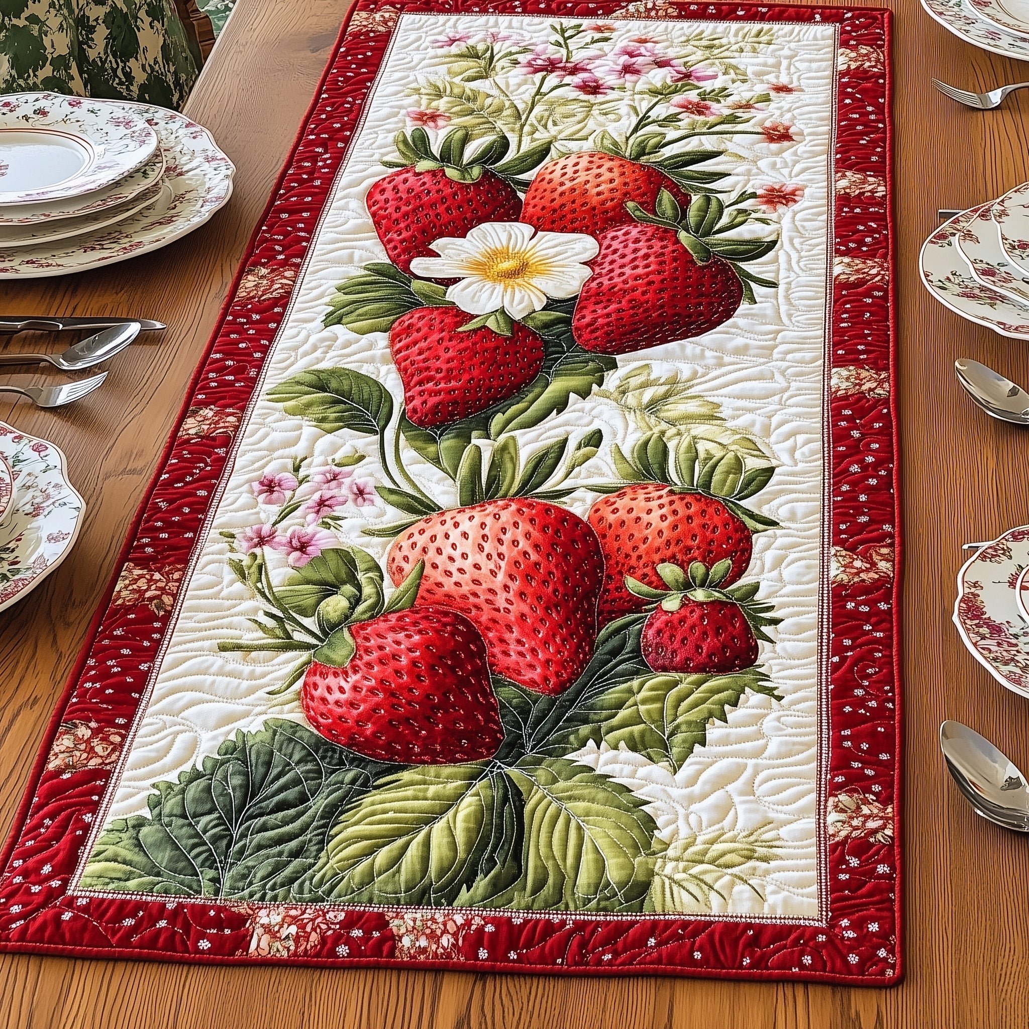 Strawberries and Daisy on Cream Table Runner