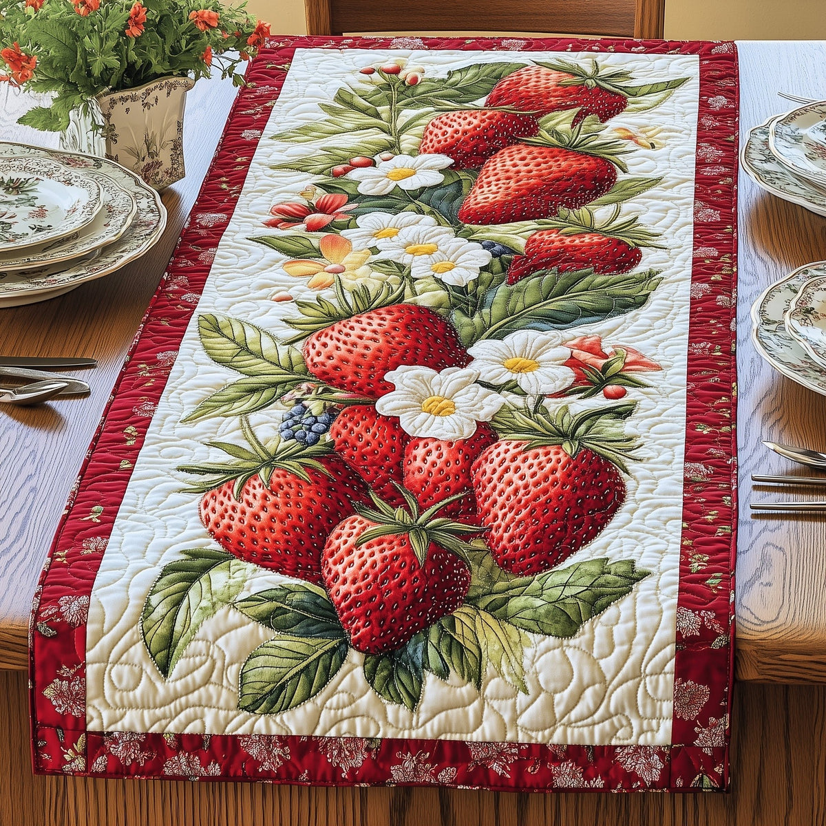 Strawberry Vine with Small Blossoms Table Runner