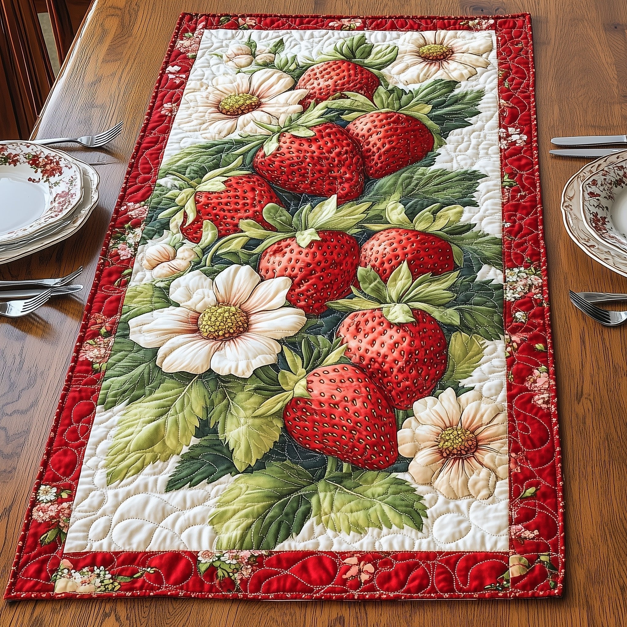 Strawberries with Cream Daisies Table Runner