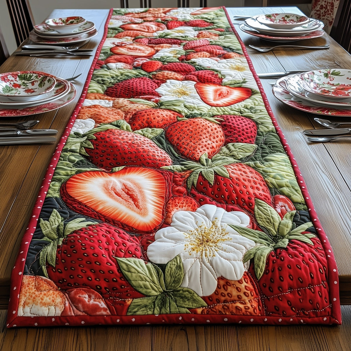 Cut Strawberries with White Flowers Table Runner
