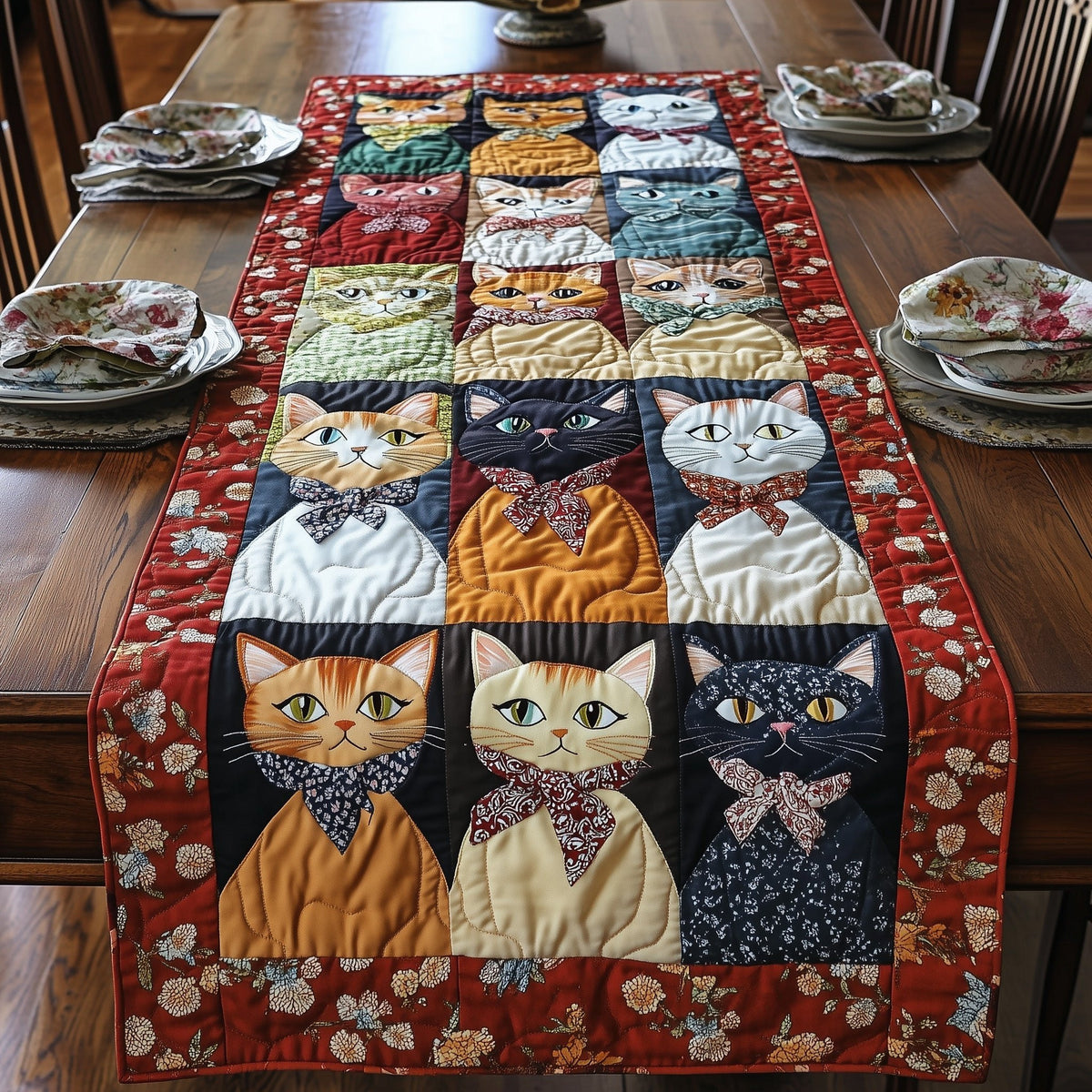 Cat Faces in Patchwork Squares Table Runner