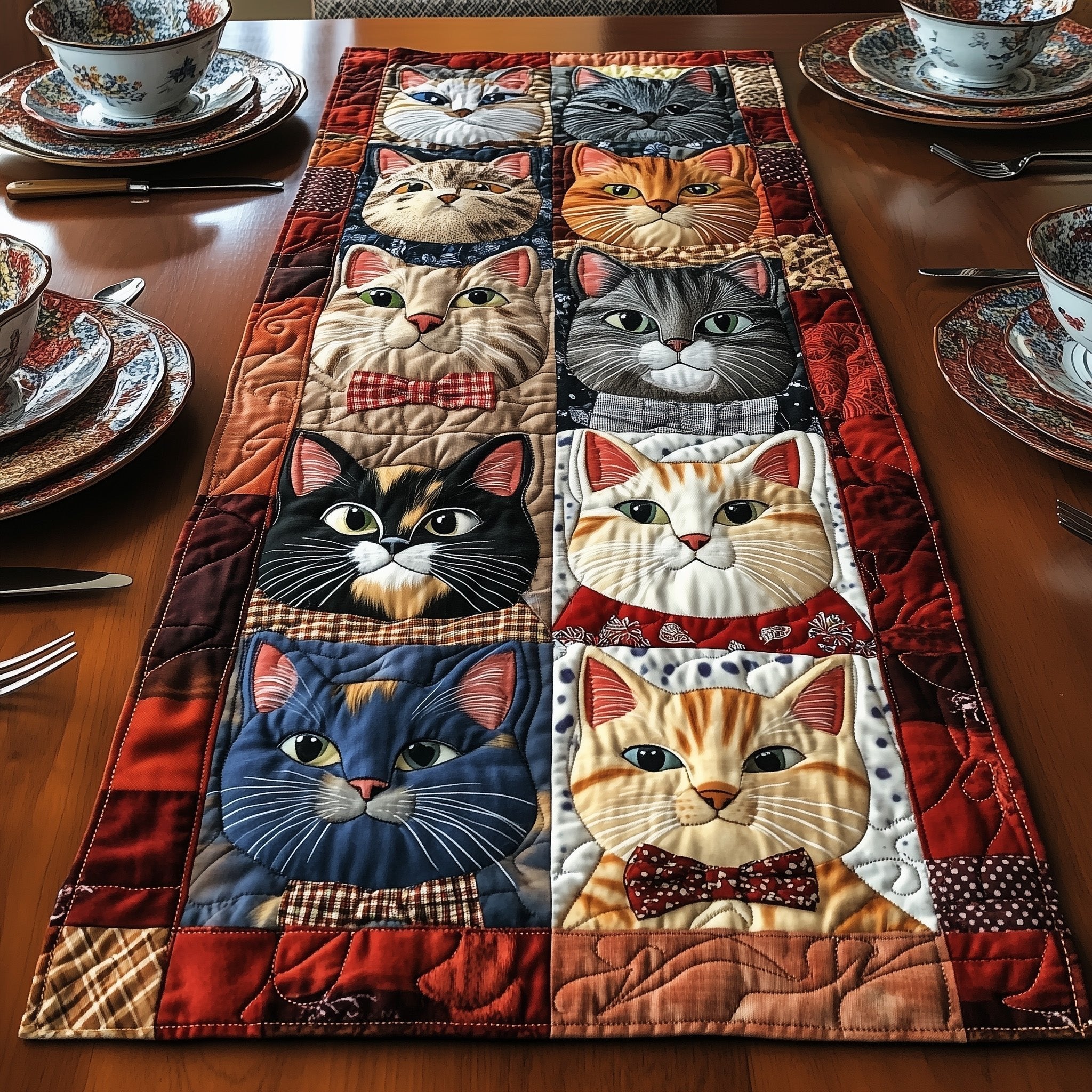 Six Cats on Red Patchwork Table Runner