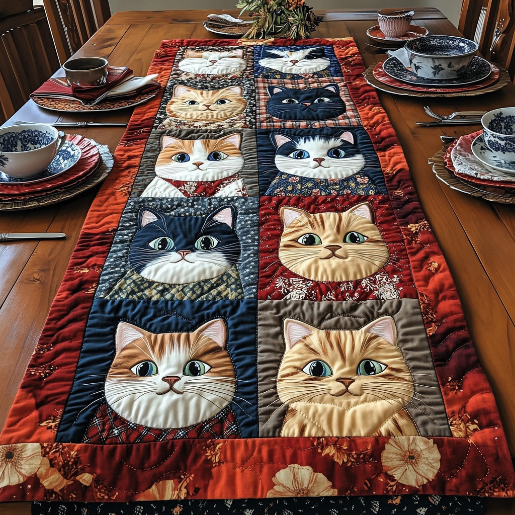 Cat Faces in Denim Blue Panes Table Runner